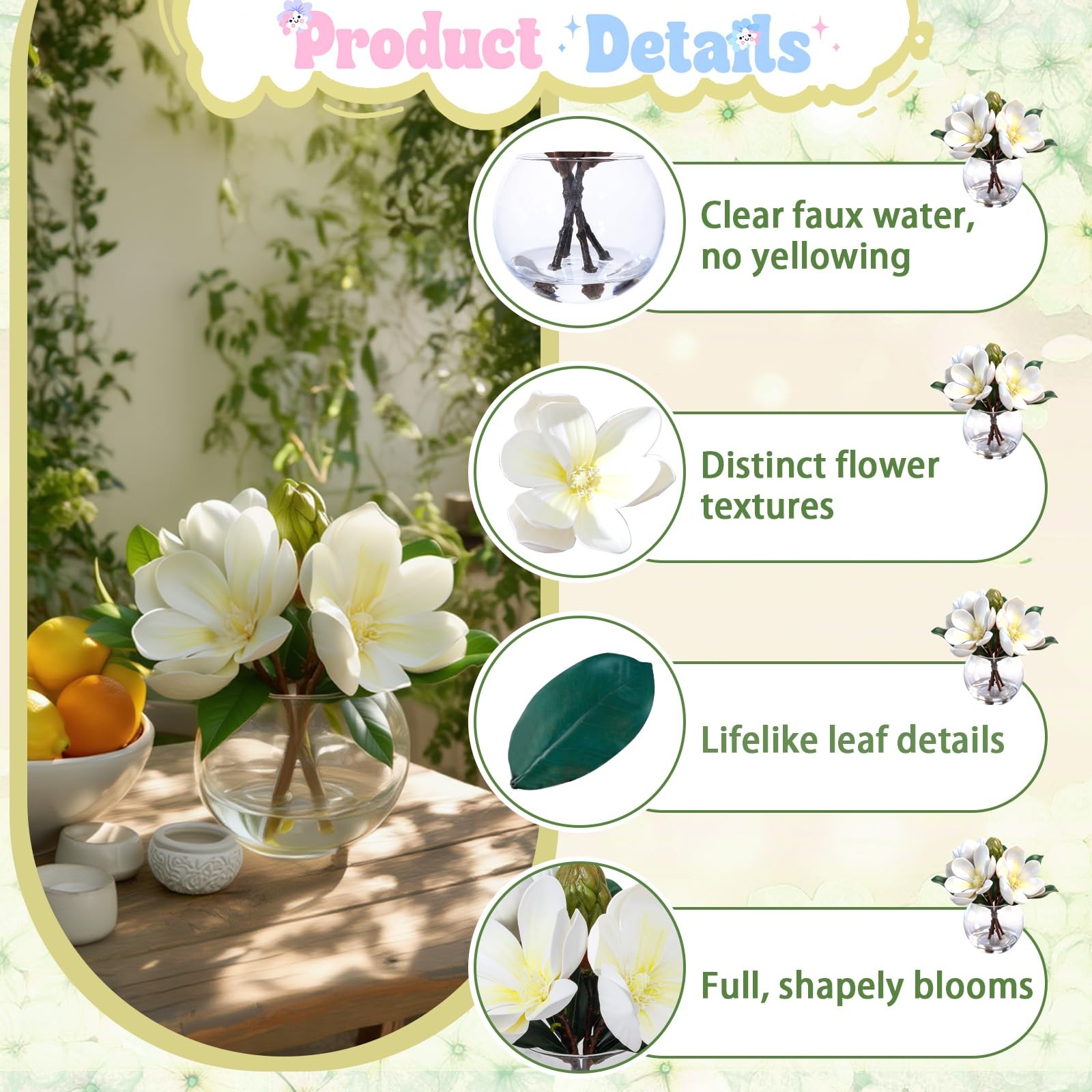 White Magnolia Artificial Flowers with Vase Fake Magnolia Flowers Indoor Real…