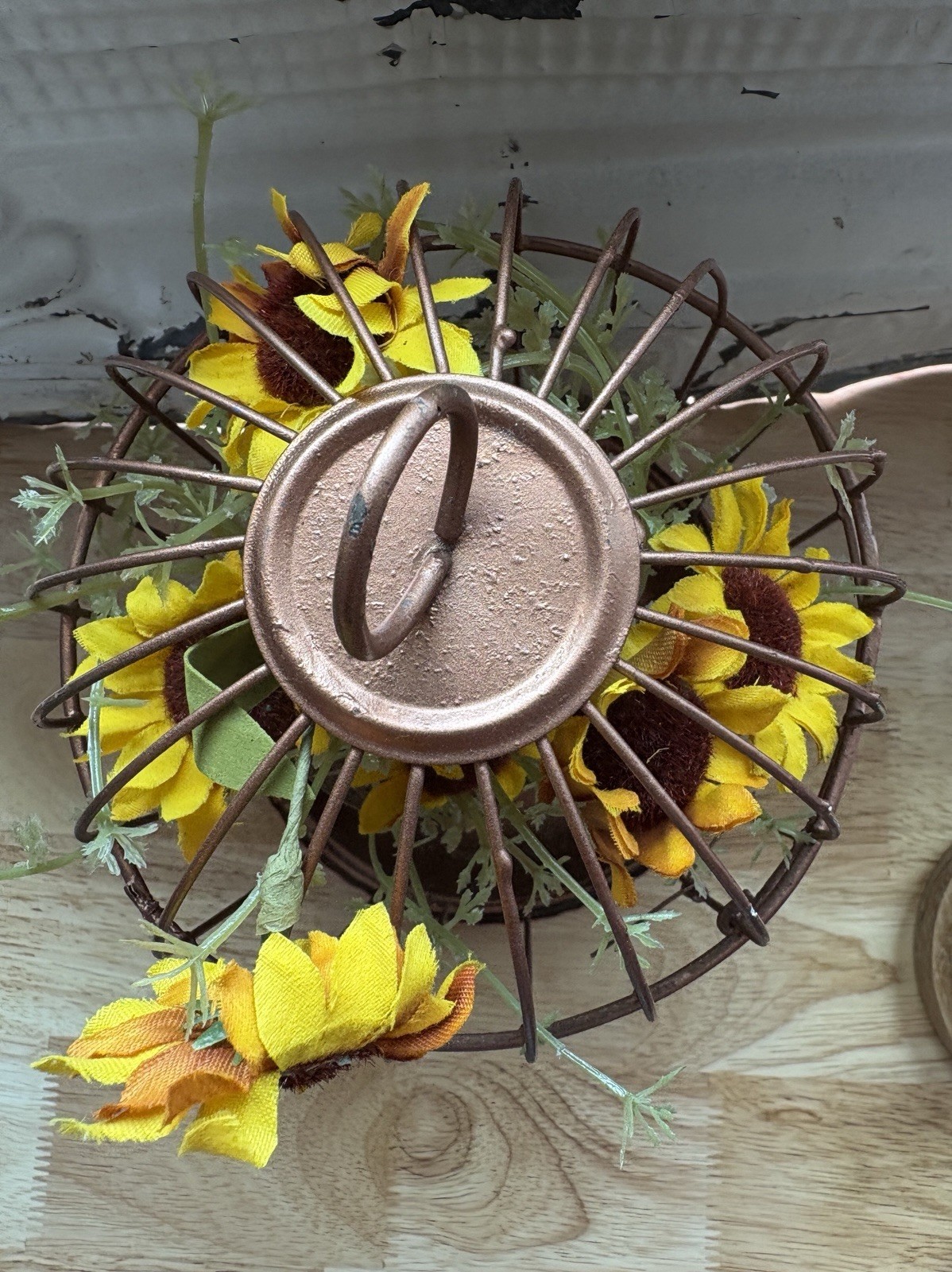 Decorative metal bird cage with wooden pedestal and faux florals #B5