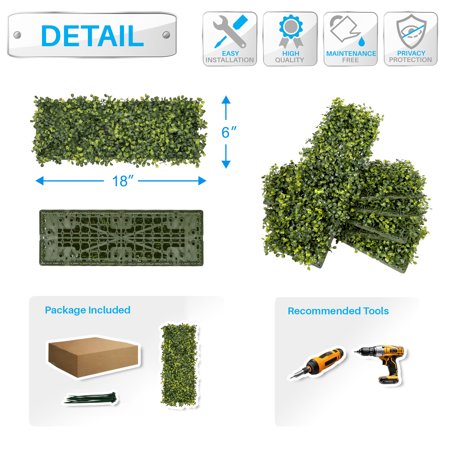 Artificial Boxwood Mat Wall Decor w/Hard Panels Fence Panel Grass Single Side