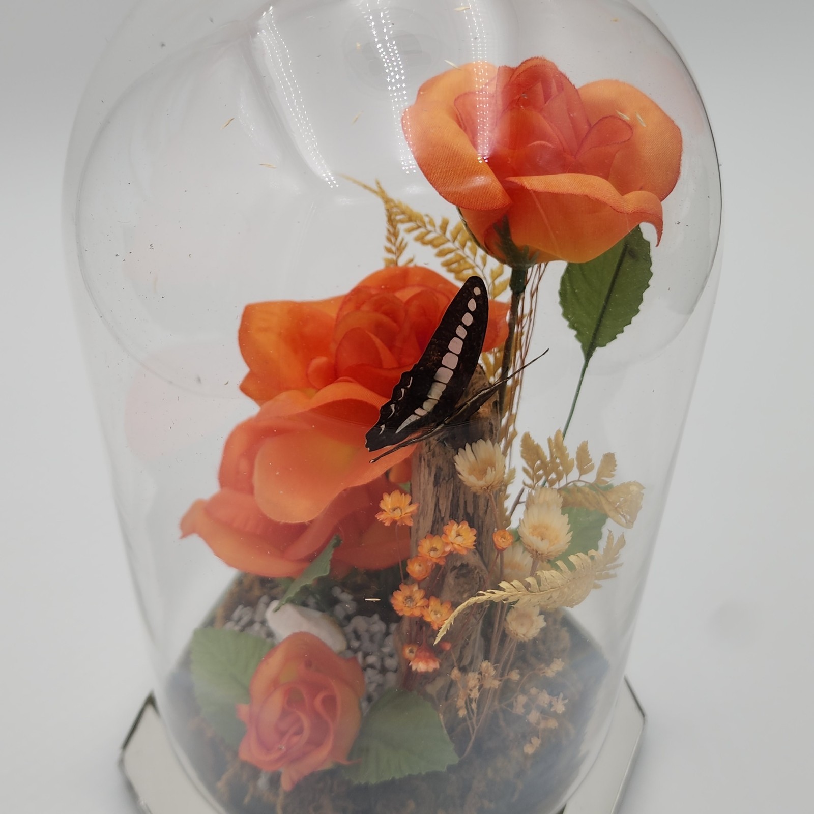 Vintage Glass Dome Floral Cloche with Butterfly Dried & Orange Faux Flowers