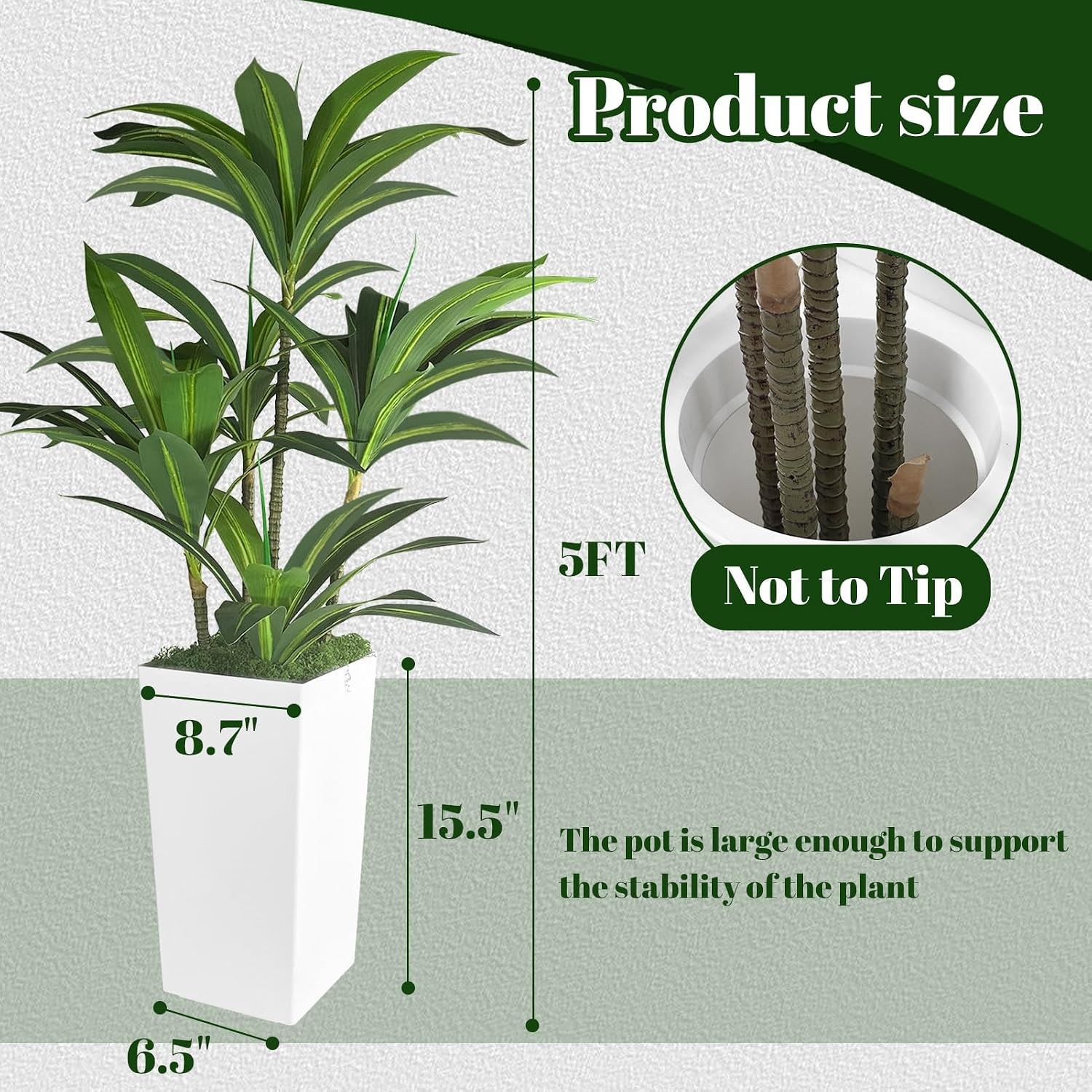 Artificial Dracaena Tree 5FT with WhiteTall Planter,Fake Green Plant with