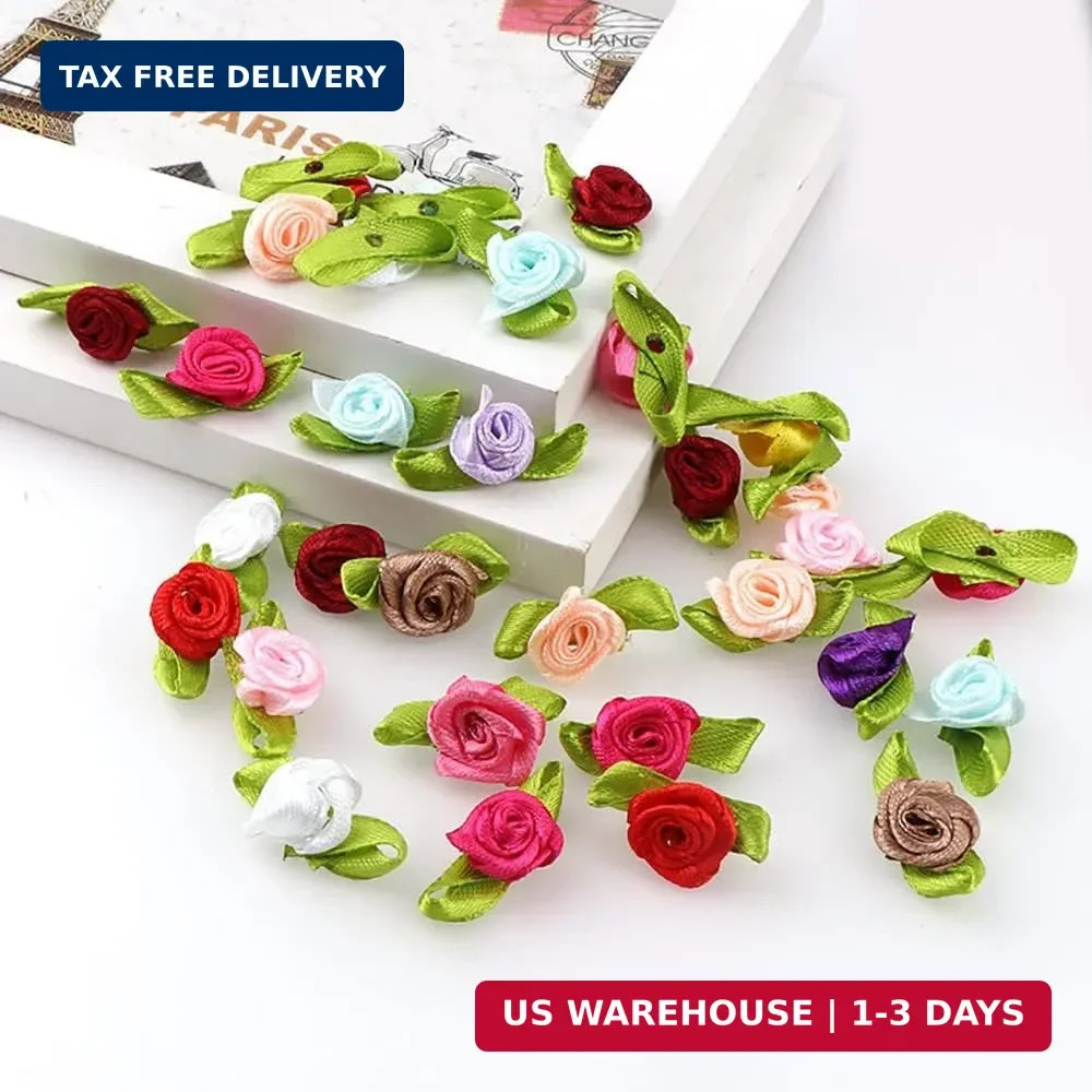 Mini Ribbon Roses, 100Pcs Artificial Fabric Flowers with Green Leaves Mixed Colo