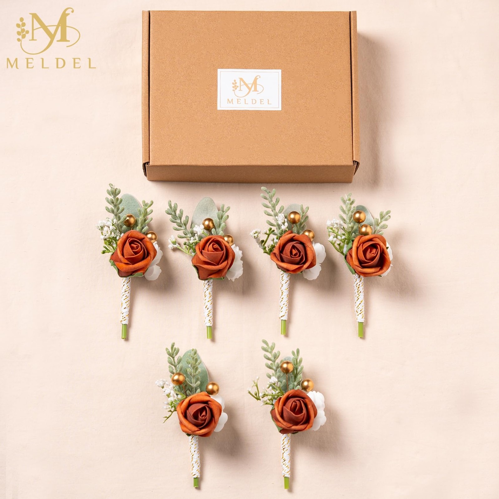Burnt Orange Boutonniere Men Wedding Groom Prom Ceremony Anniversary 6 PCS