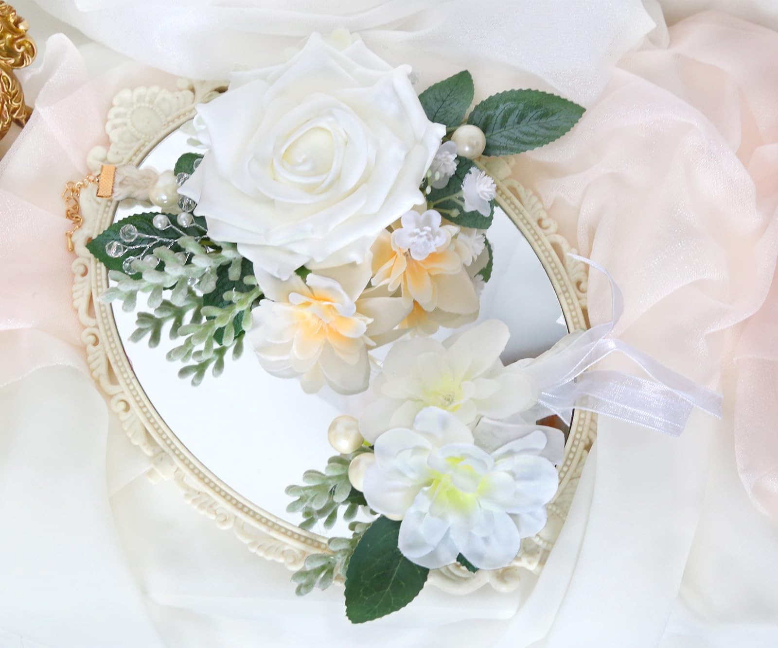 2 PCS White Rose Wedding Corsage Boutonniere Set Wristlet Bride Groom Prom