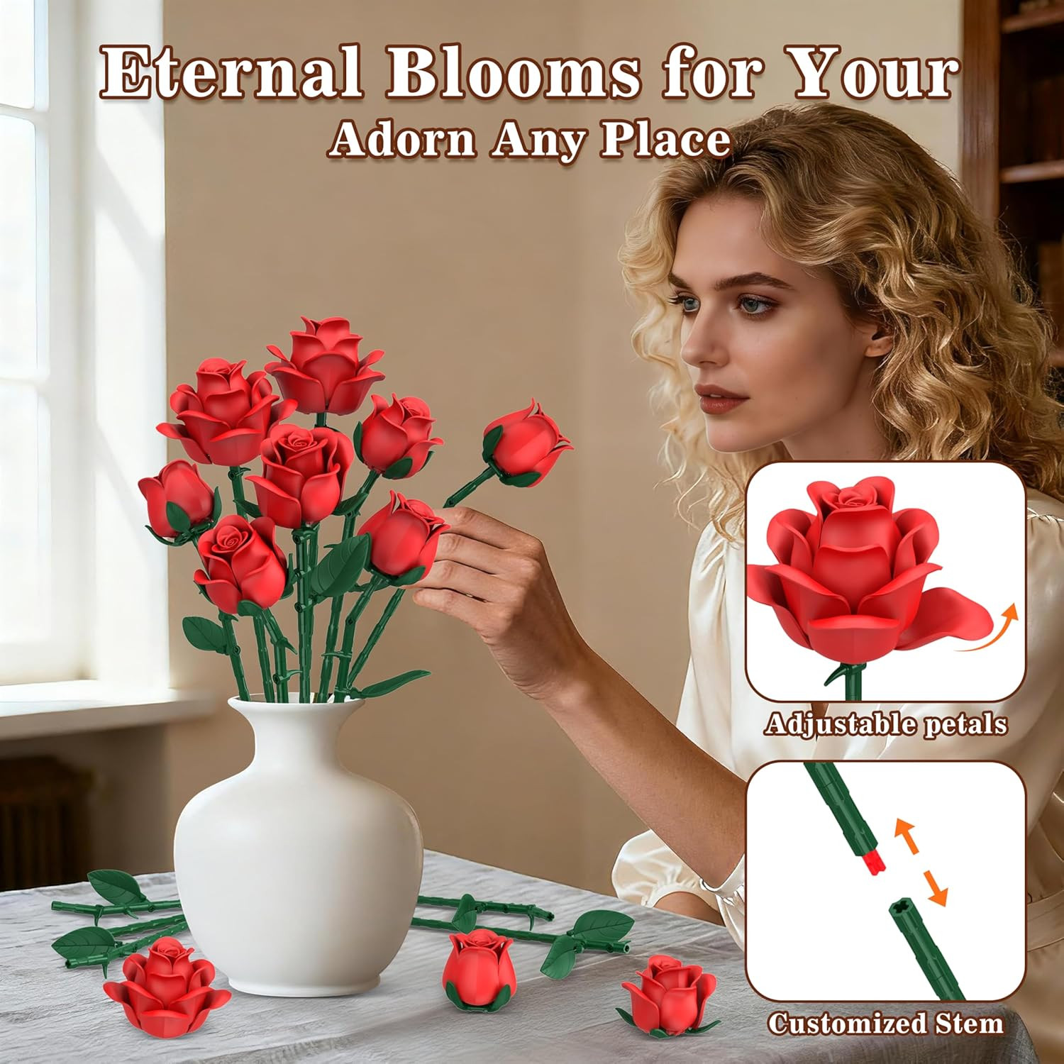 Red Roses Flower Bouquet Building Sets, 670Pcs Artificial Flowers Building Block