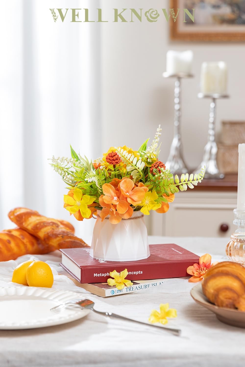 Small 7 Inch Fake Flowers In Plastic Vase Yellow Orange Centerpieces