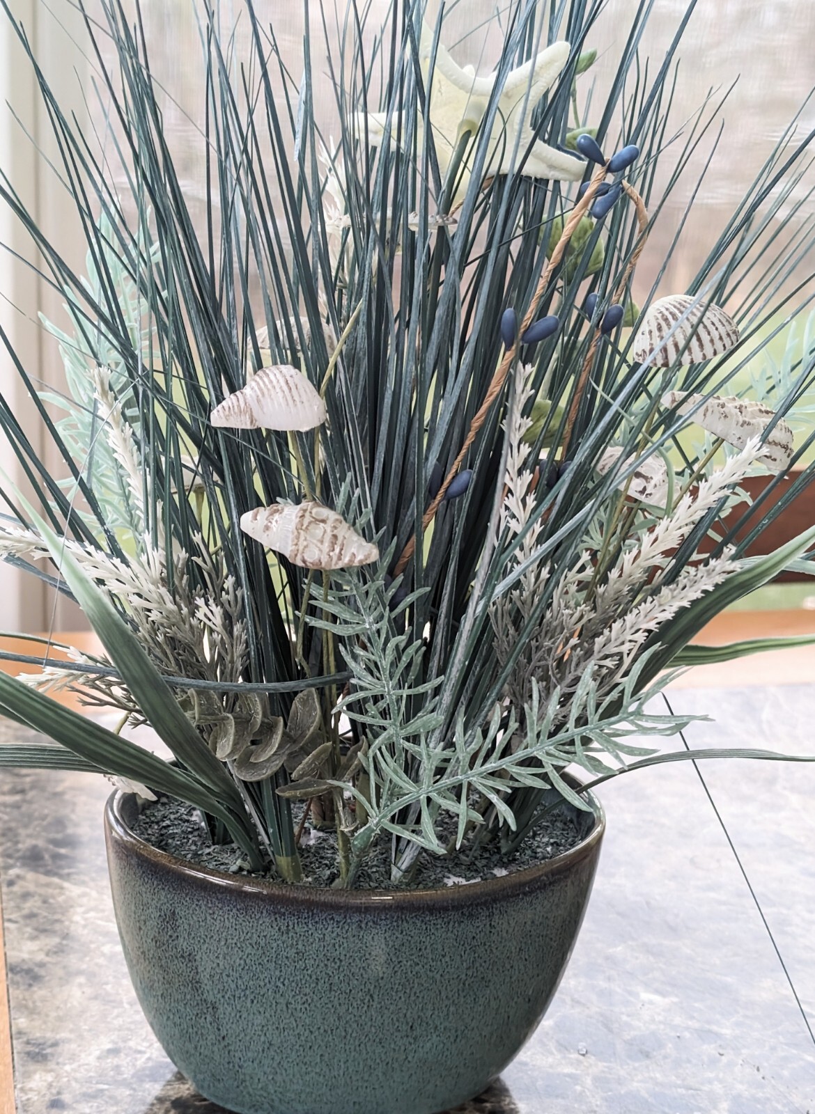 Artificial Onion Grass with Sea Shells Aqua Speckled Stoneware Ceramic Pot 14″