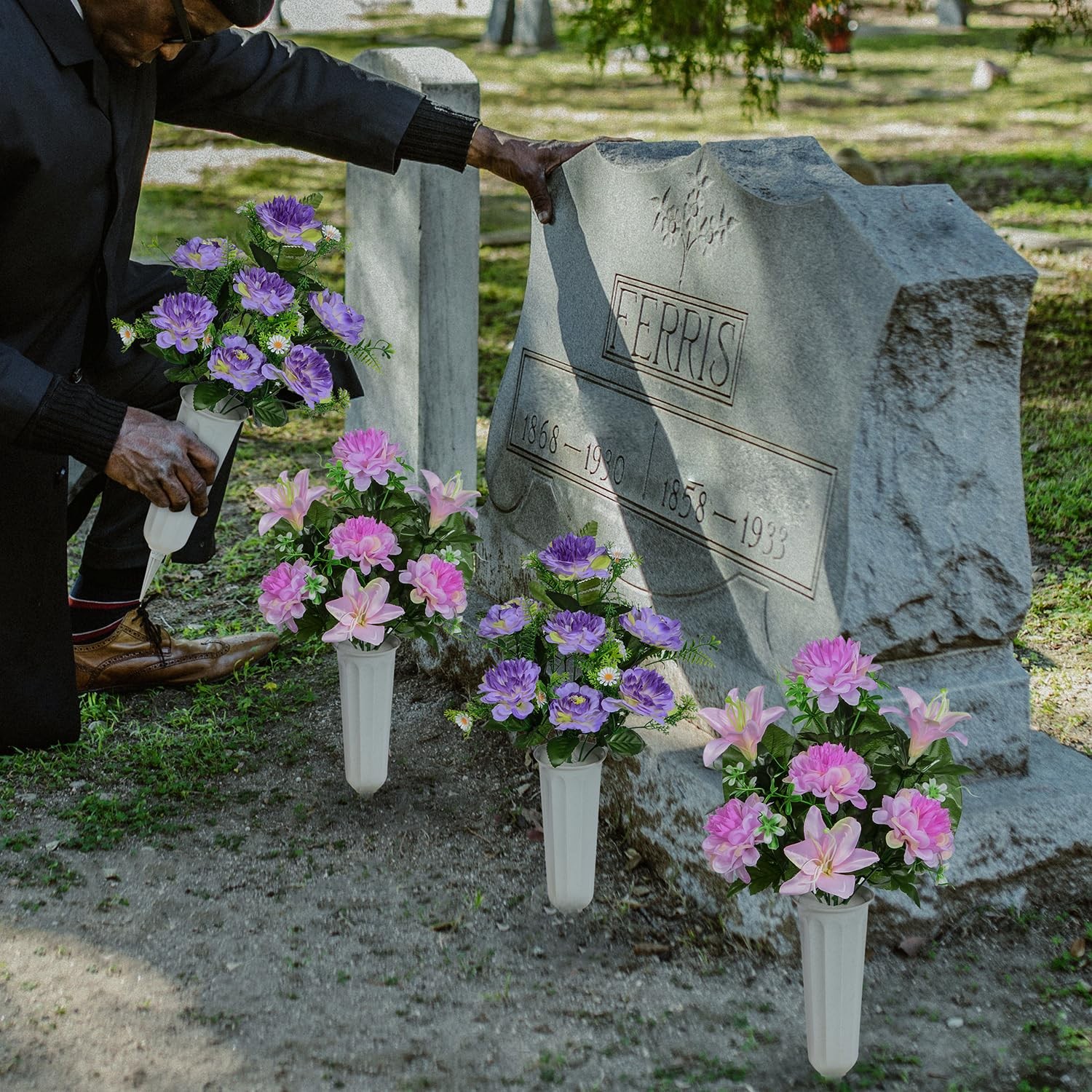 Artificial Cemetery Flowers, Artificial Grave Memorial Flowers with Vase for …