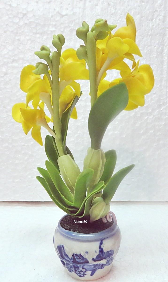 US stock 4″H Handcrafted Yellow Dendrobium Orchid arranged in a pot