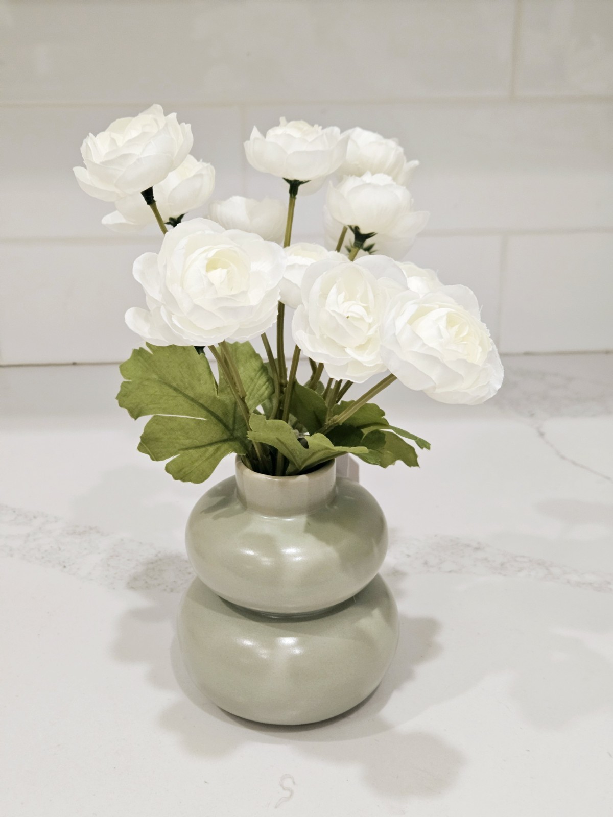 White Ranunculus Floral Arrangement in Green Ceramic Vase 10” Modern Decor
