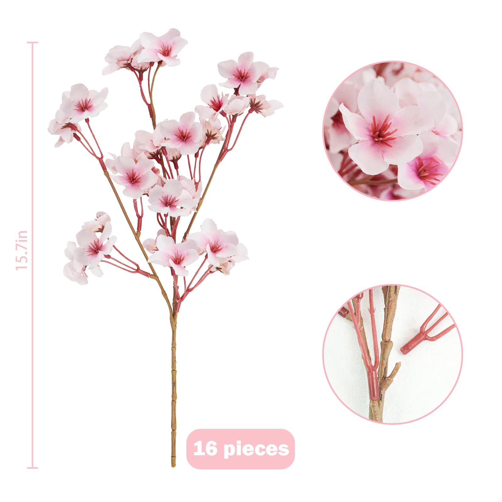 unlemoni 16PCS Artificial Cherry Blossom Flowers, 15.7″ Fake Pink Peach Flowe…