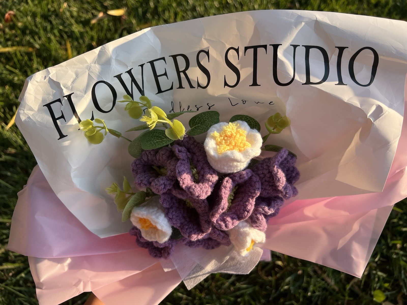 Handmade Crochet Purple Flower Bouquet with White Blooms – Elegant Gift
