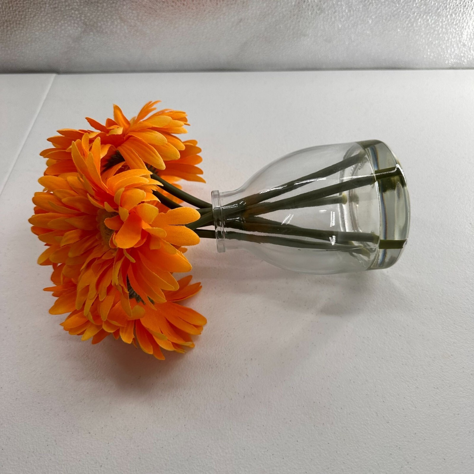 Artificial Orange Gerbera Daisy Bouquet Clear Glass Vase Centerpiece Fall Faux b