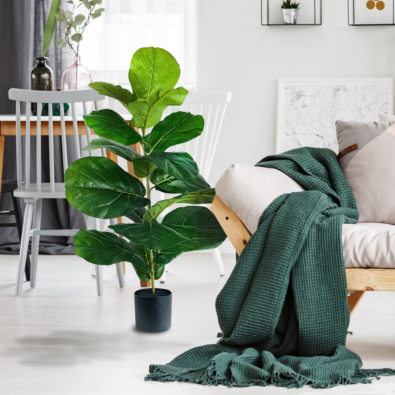 Artificial Plant, Fiddle Leaf Fig Plant, 3.33 ft, Black Plastic Grower’s Pot