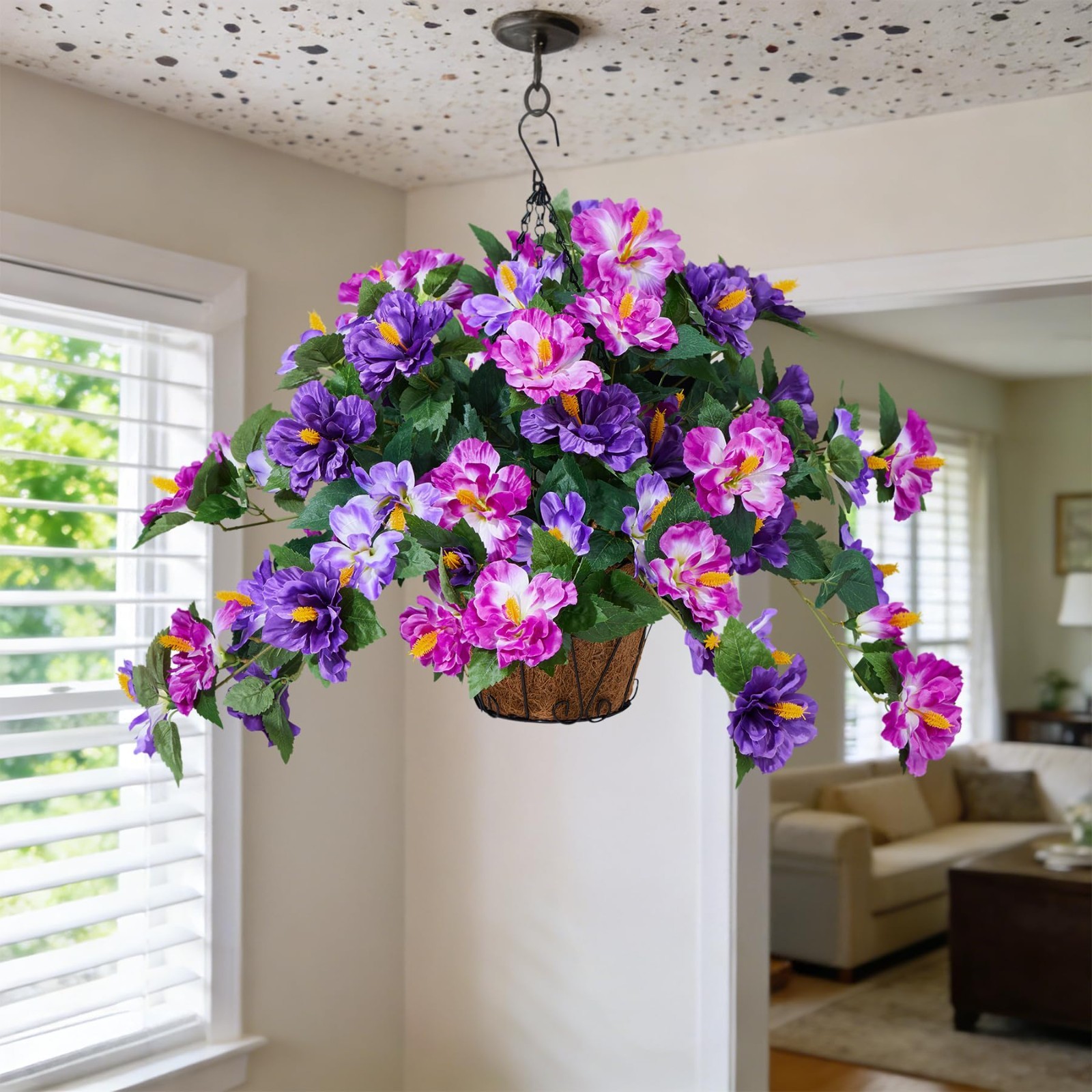 Realistic UV Resistant Fake Hibiscus Flowers – 3 Bunches with Hanging Basket for