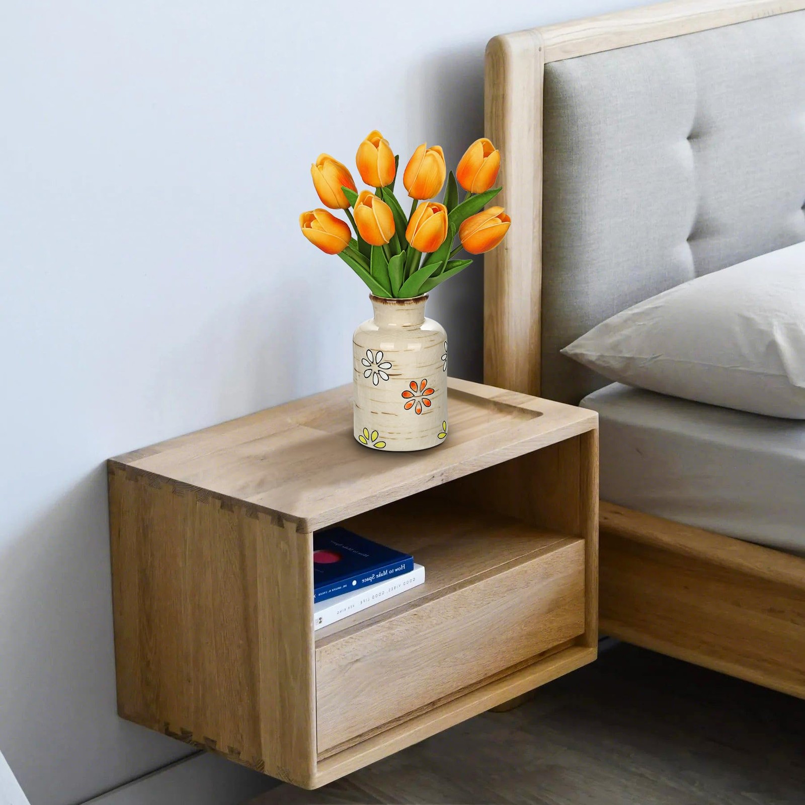 10.6in Artificial Orange Tulips with Ceramic Vase, Real Touch Faux Tulips Flo…
