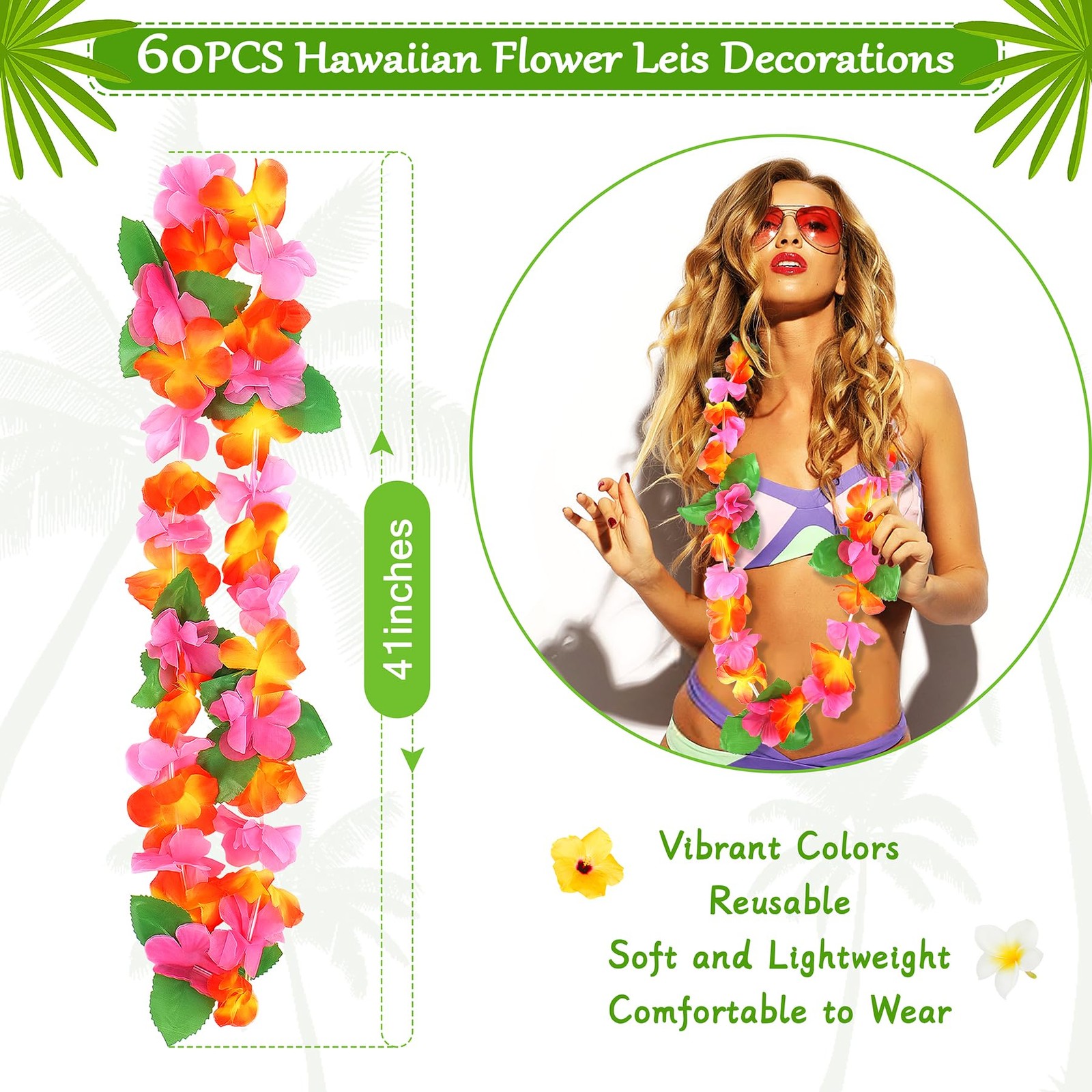Hawaiian Leis for Luau Party, 60PCS Tropical Flower Lei for Summer Beach Part…