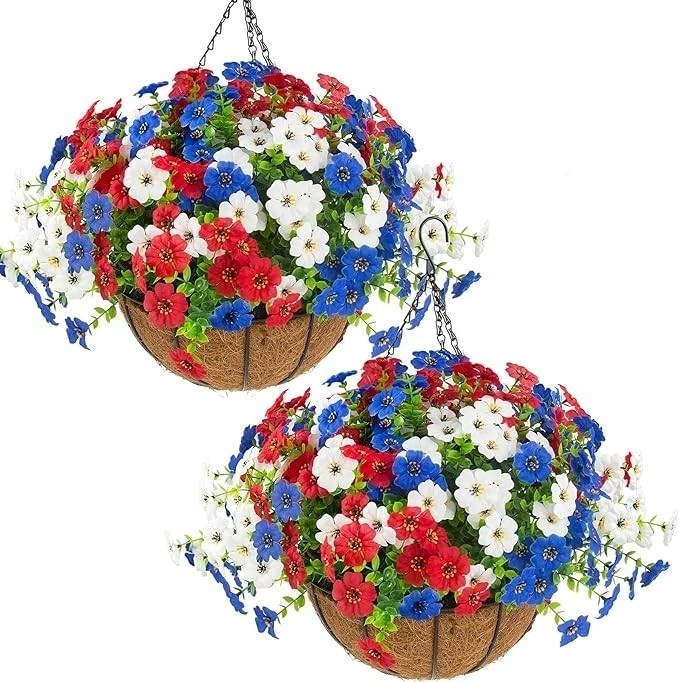 Artificial Hanging Flower Baskets 2 Sets 24 Pieces Red White Blue Patriotic