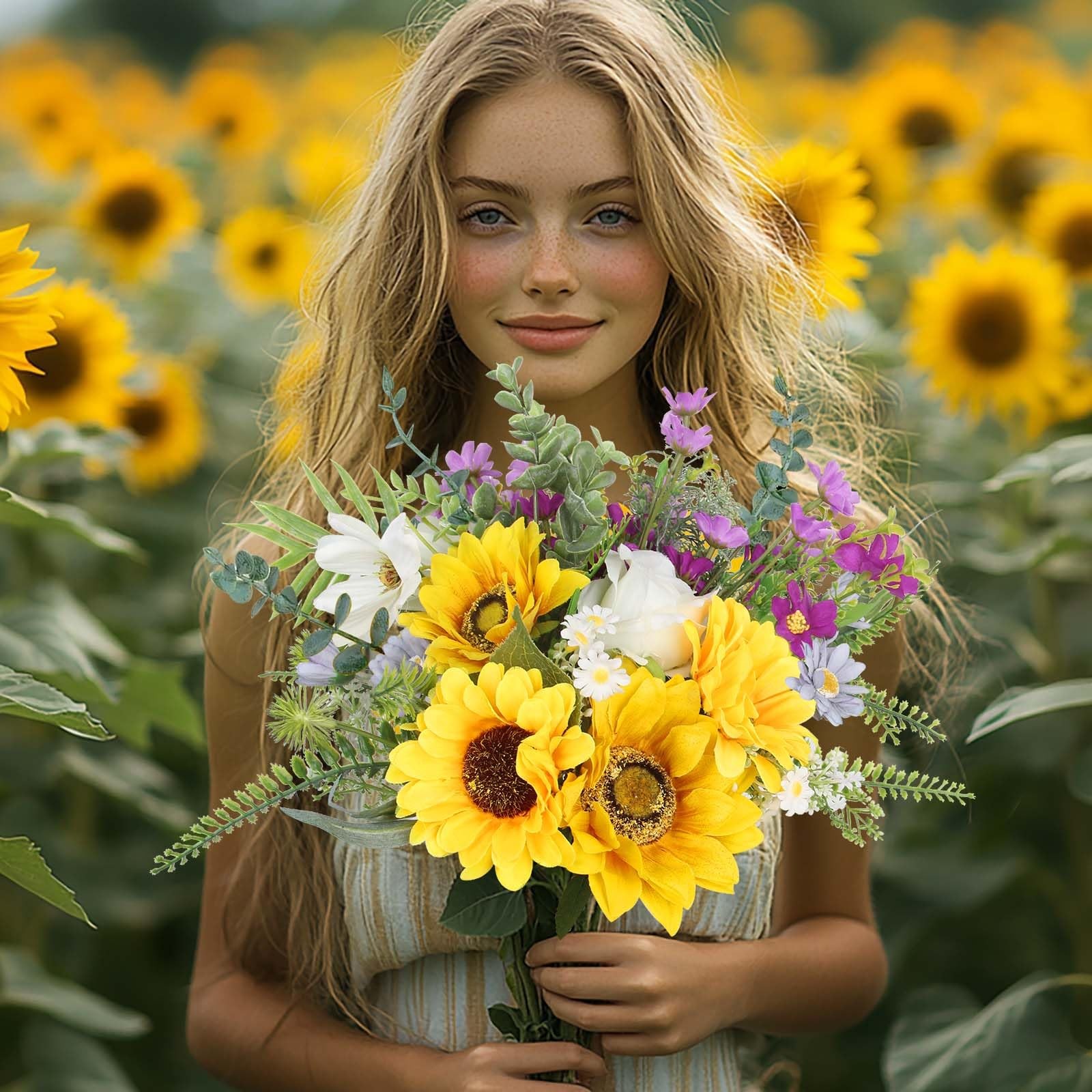 Sunflower Fake Flowers in Vase, Sunflowers Lavender Artificial Flowers with V…