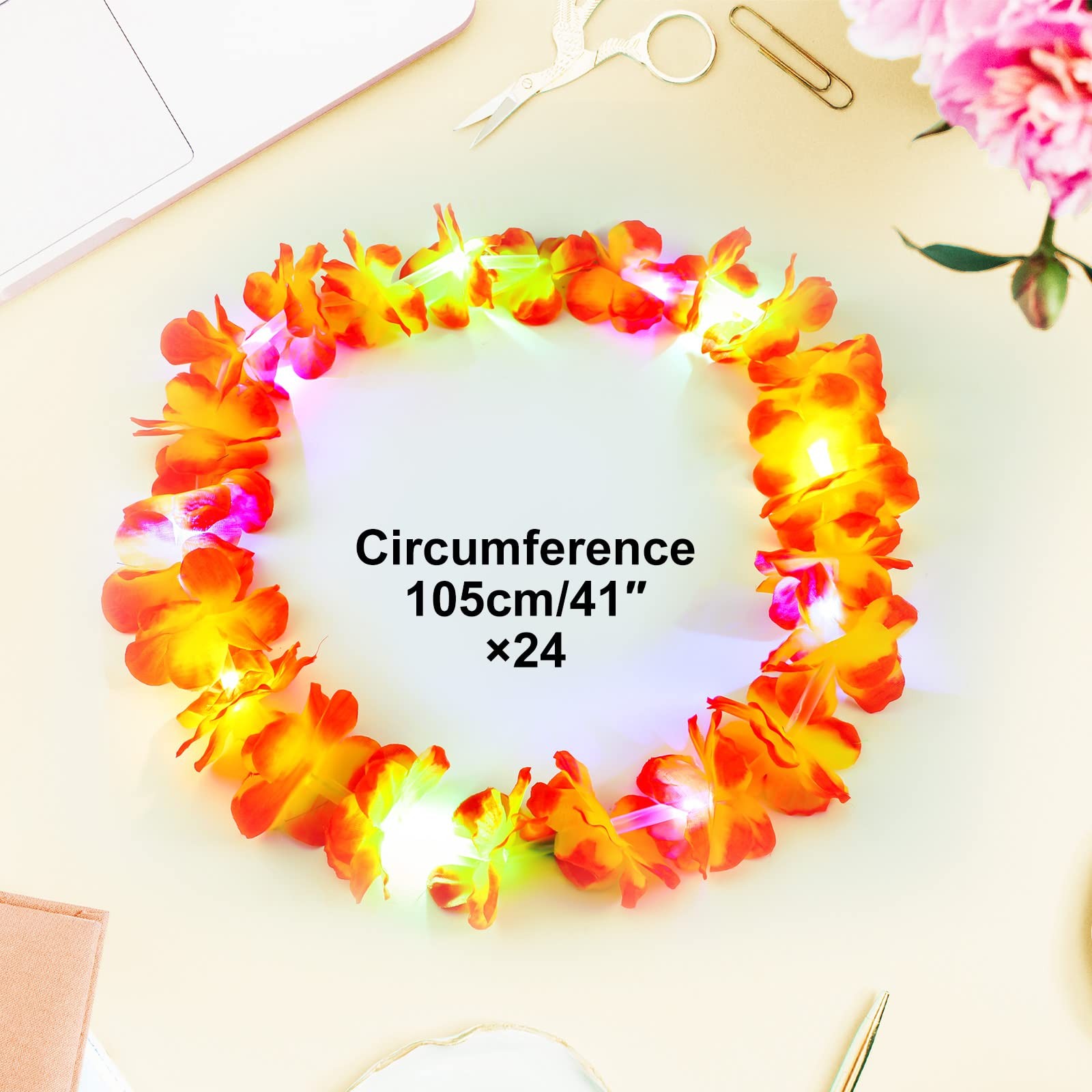 Giegxin 24 Pcs LED Hawaiian Lei Light up Flower Lei Tropical Glow Necklaces L…