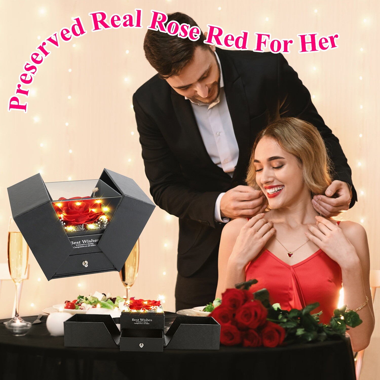 Preserved Eternal Real Rose Flower Gift Box with Heart-Shaped Necklace for Mom