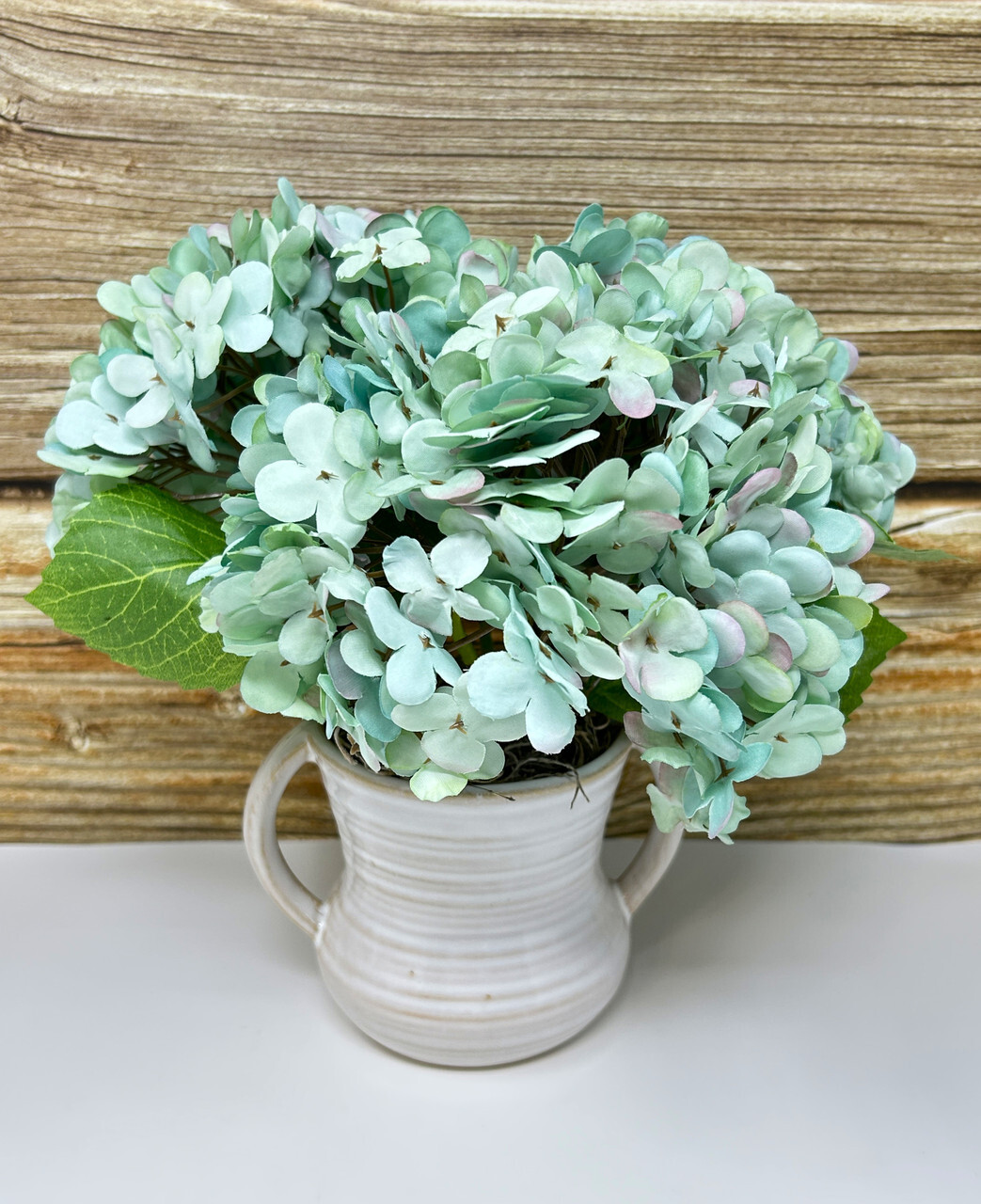 9″ Small Artificial Blue-Green Turquoise HYDRANGEA faux Silk flowers in White 2-