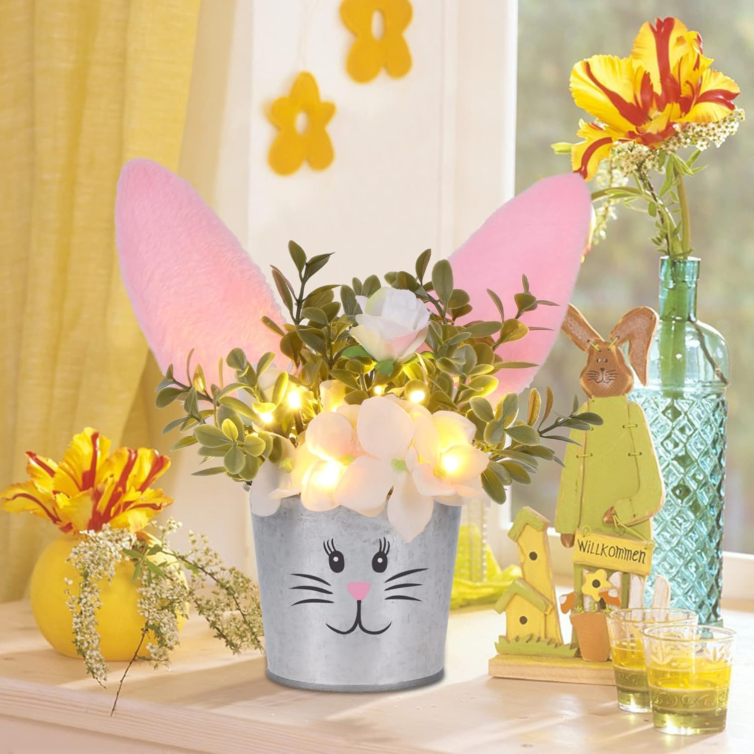 Easter Table Decorations Artificial Flower with Bunny Ear, Lighted Easter Desk D
