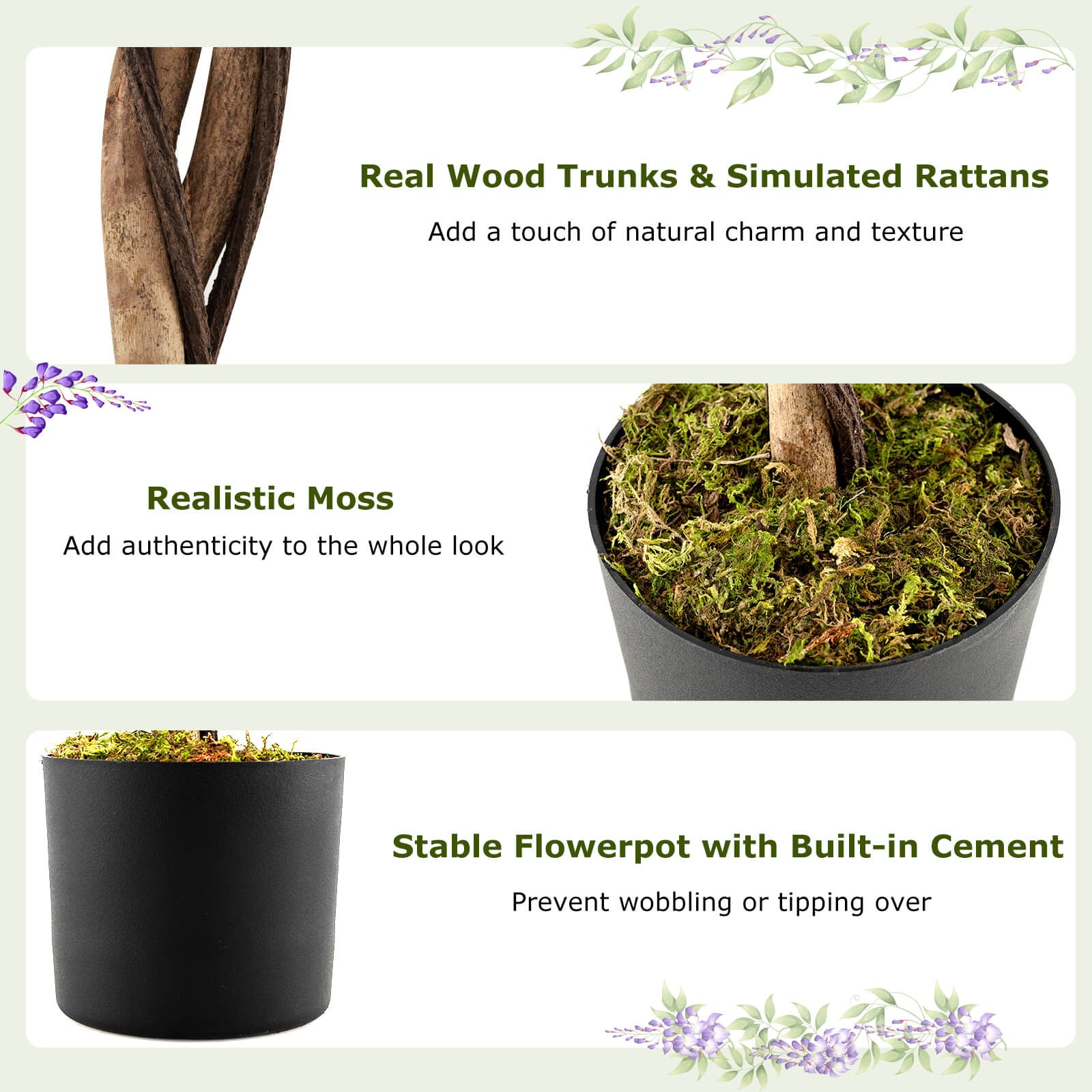 6 FT Artificial Wisteria Tree Set of 2 w/Natural Trunks Purple Lifelike Flowers