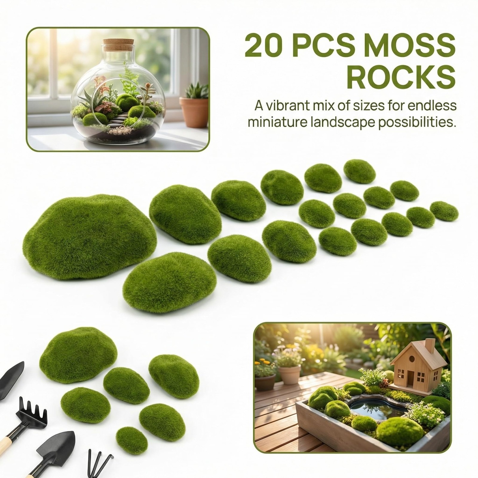 20 PCS Artificial Moss Rocks Faux Green Balls Fairy Garden Terrarium Stones