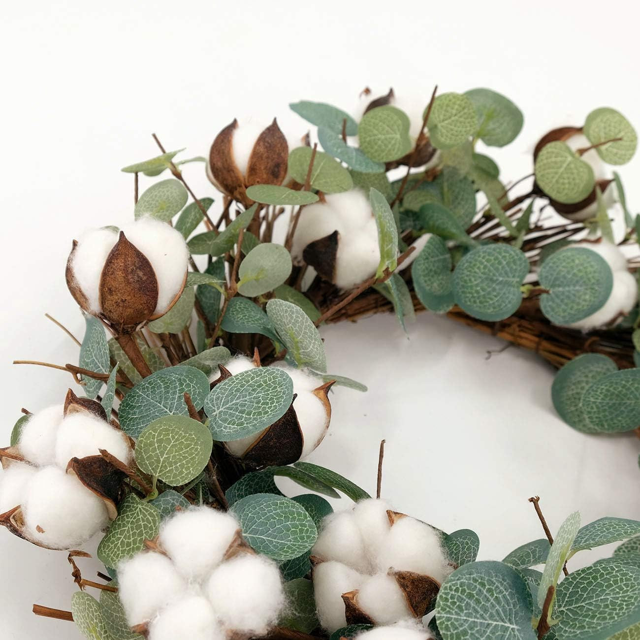 Eucalyptus and Cotton Wreath, 14 Inches Artificial Wreath on a Natural Twig Base