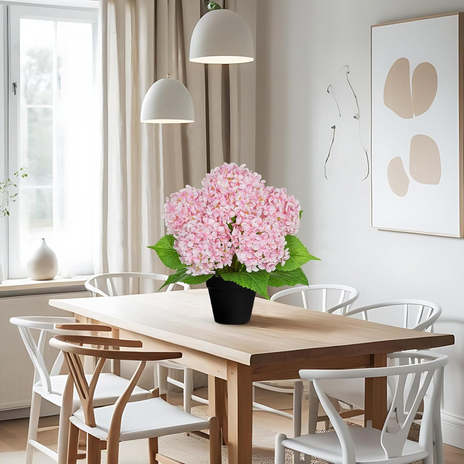 Realistic 18″ Pink Hydrangea Plant in Black Pot for Home & Outdoor Decor