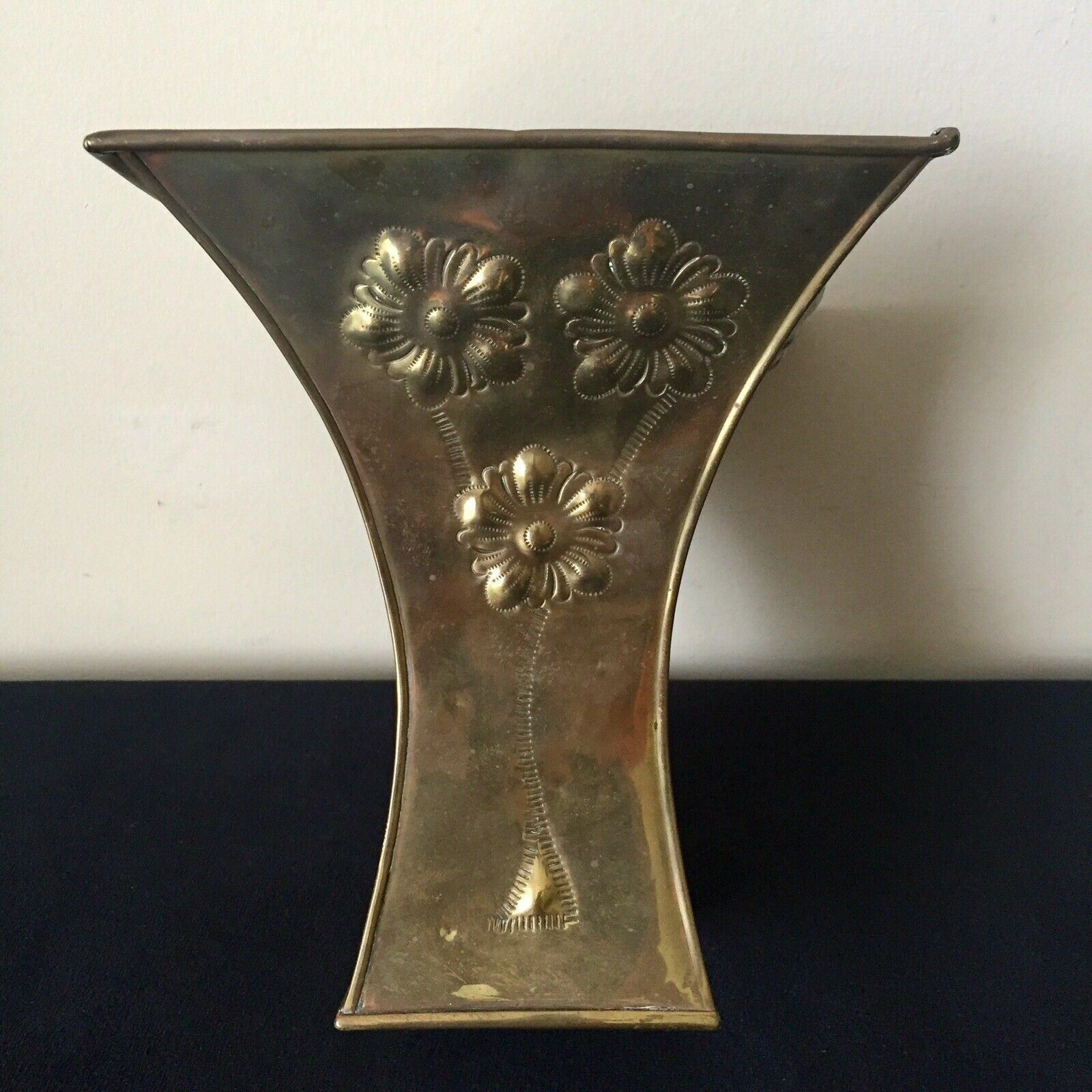 Vintage Planter Container Embossed Flowers on Brass 7″High 6″Square Opening