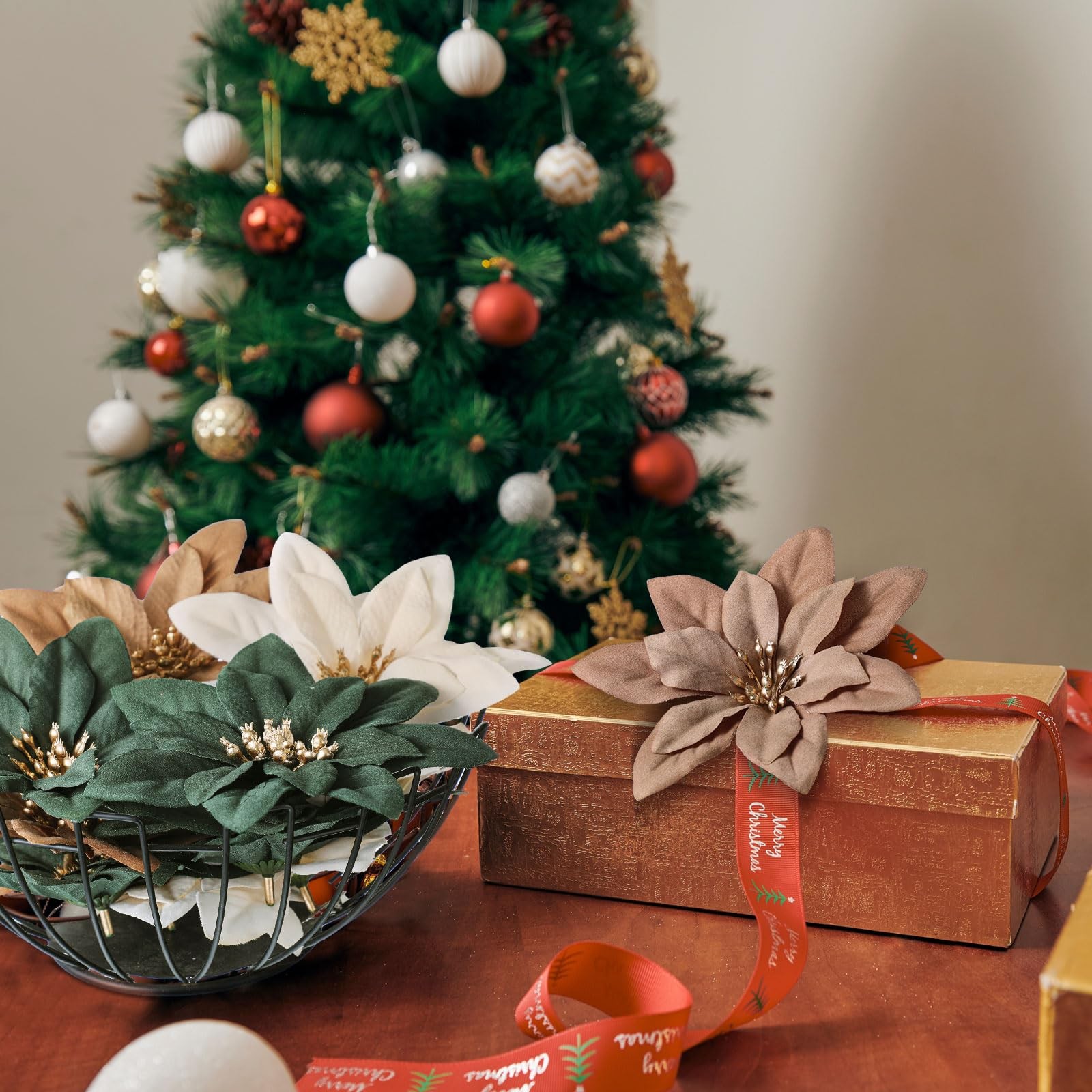 15 Pcs Christmas Poinsettia Artificial Flowers with Clips Christmas Tree Flow…