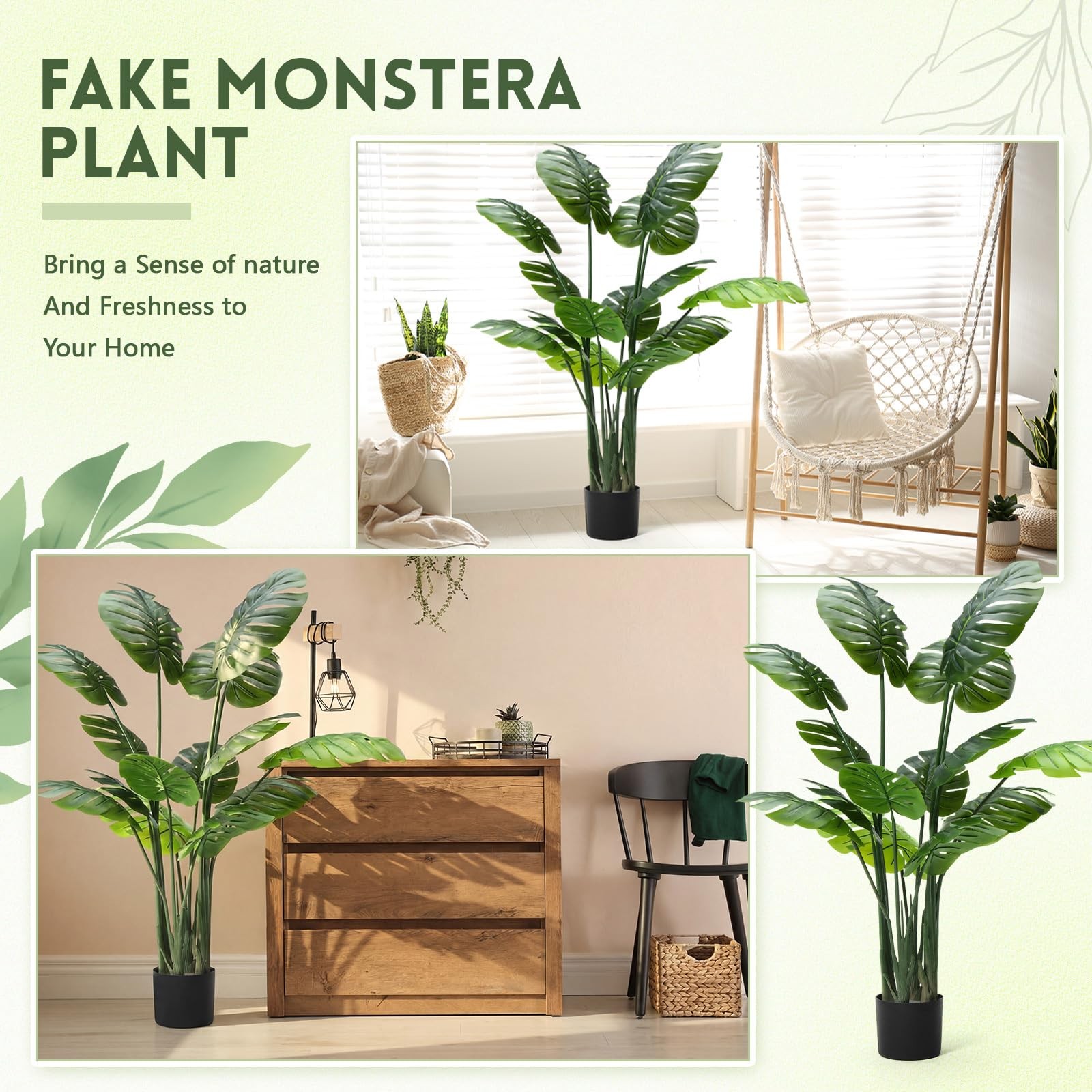 2 Pack 60” Tall Large Artificial Monstera Deliciosa Plant 5ft Faux Swiss Che…
