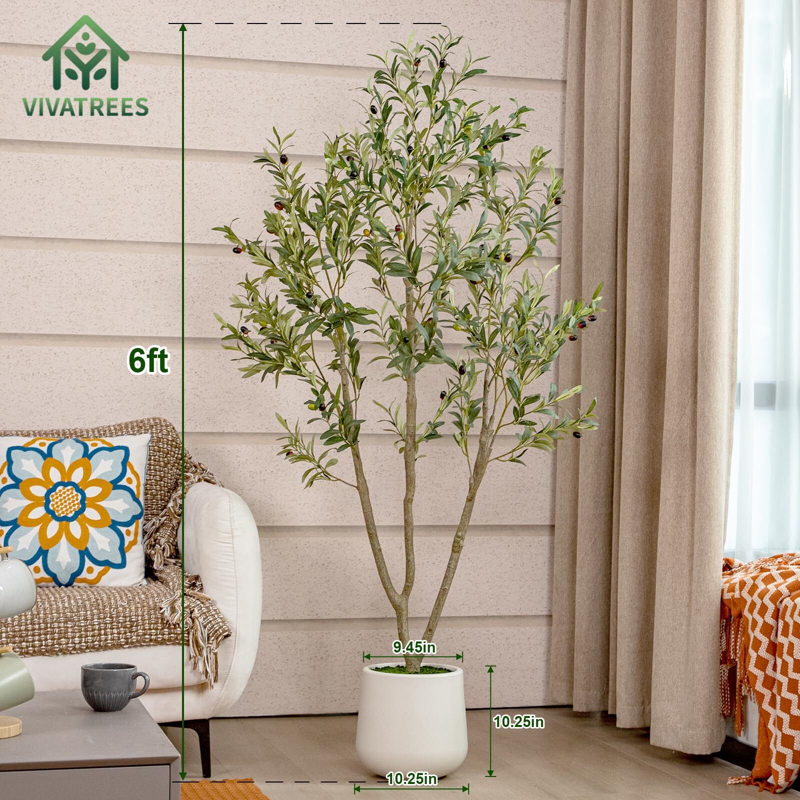 VIVATREES Olive Trees Artificial Indoor, 6FT Tall Faux Olive Tree with White Tal