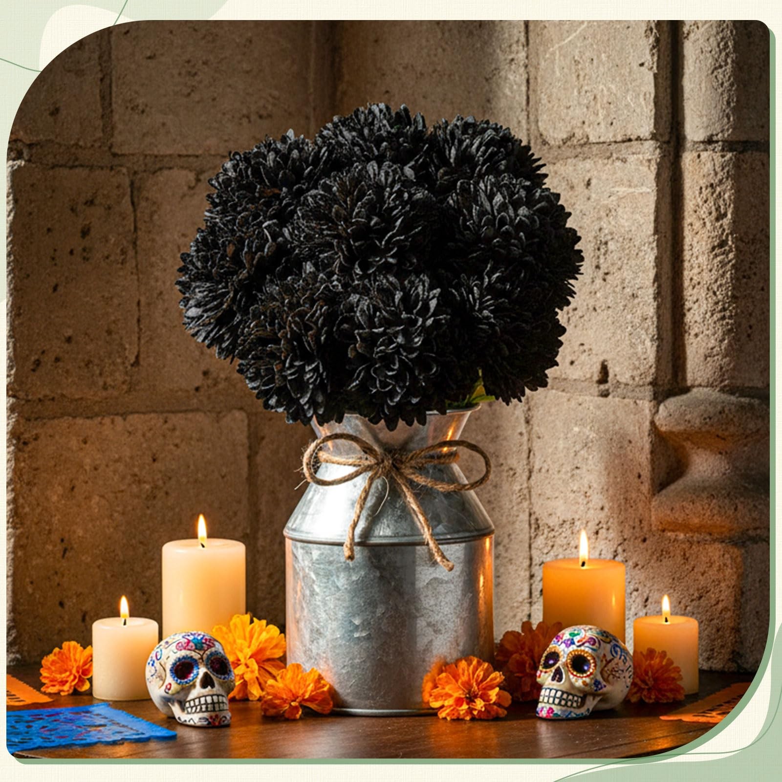 9 PCS Artificial Marigold Silk Flowers Metal Pot Day of The Dead Decor Black