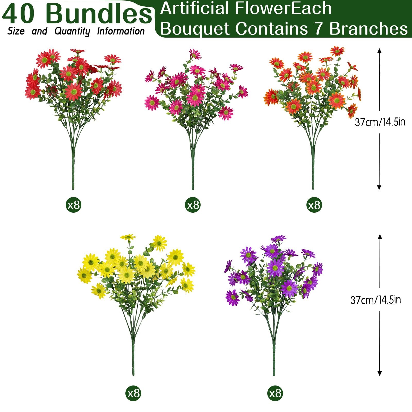 40 Bundles Artificial Daisies Flowers Fake Silk Plant for Indoor Outdoor Deco…