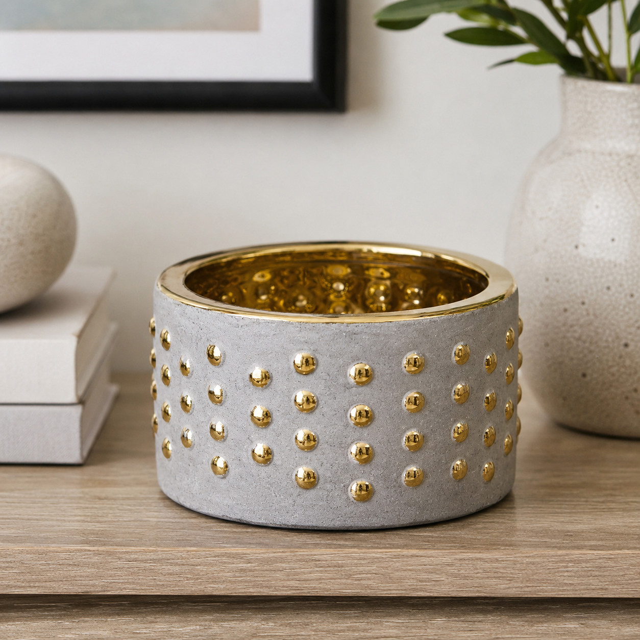 6.75″ Regal Stone Hobnail Planter with Gold Accents