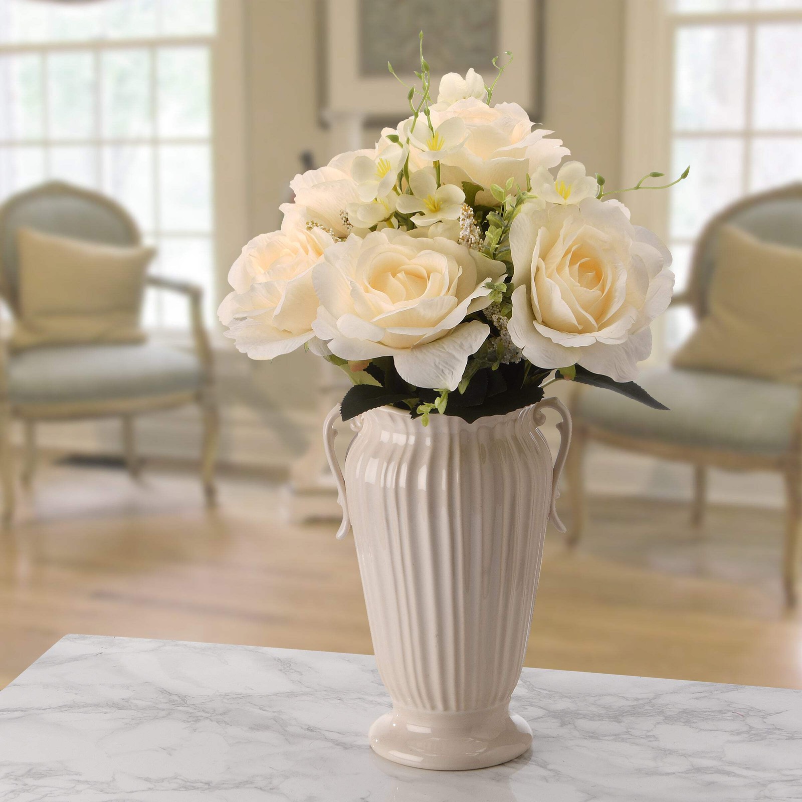 19 in. Spring Floral Bouquet with Cream Rose Blooms, Seed Pods, Leafy Greens
