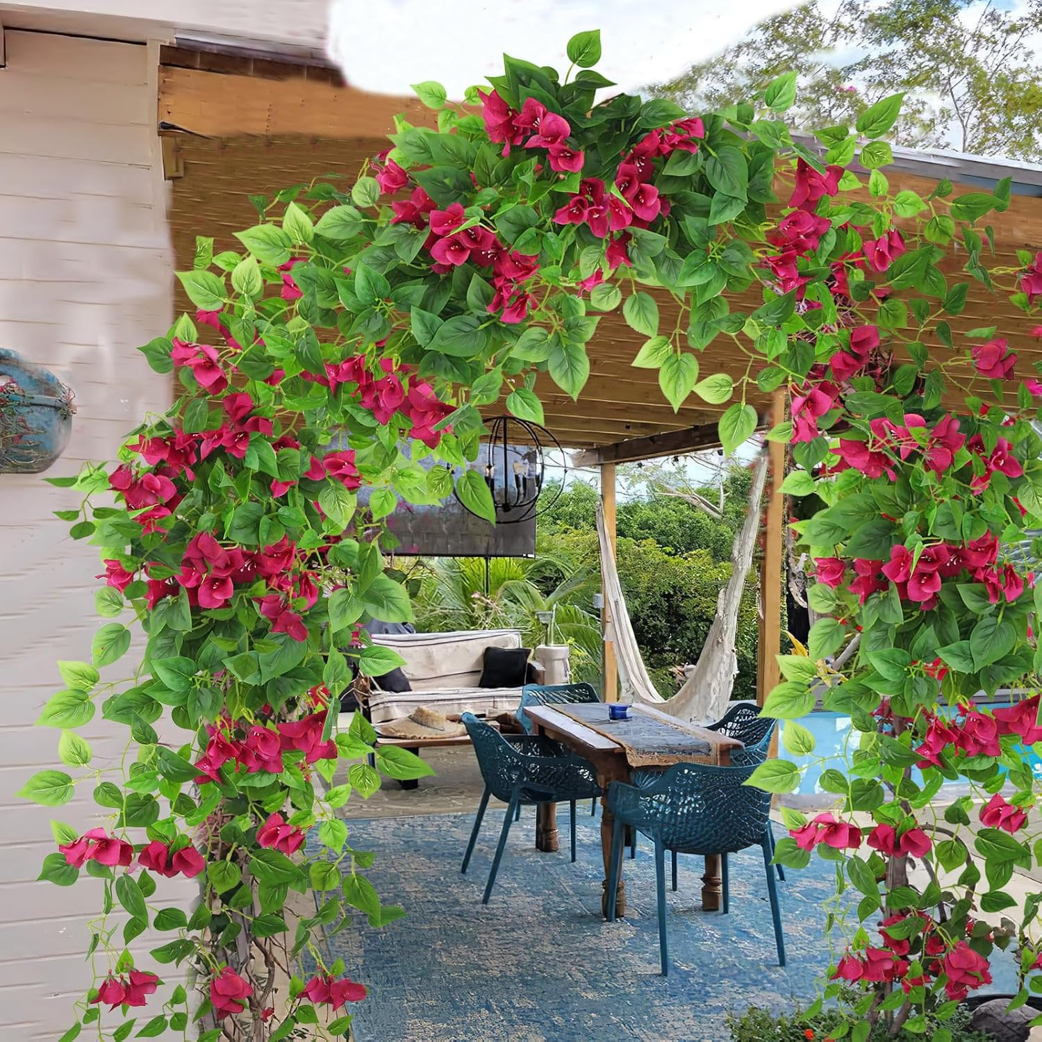2 Pcs Artificial Hanging Flowers for Outdoors Bougainvillea Artificial Vines Ros
