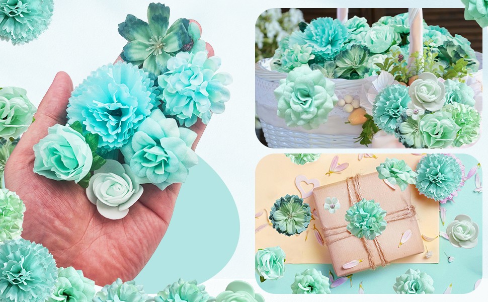 70 pcs Mini Artificial Flowers Heads Mint Green Silk Peony Daisy Rose Bulk Mix