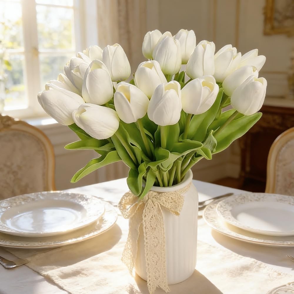 30PCS Artificial Tulips PU Real Touch Single Stem Fake Flowers Bouquet Arrang…
