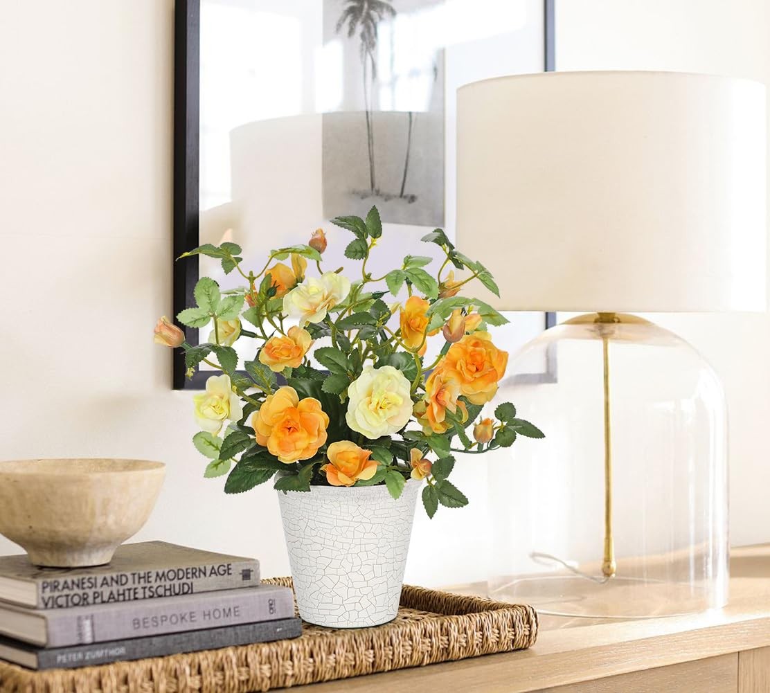Yellow Camellia Roses Artificial Flowers in Vase Small Potted Faux Plant