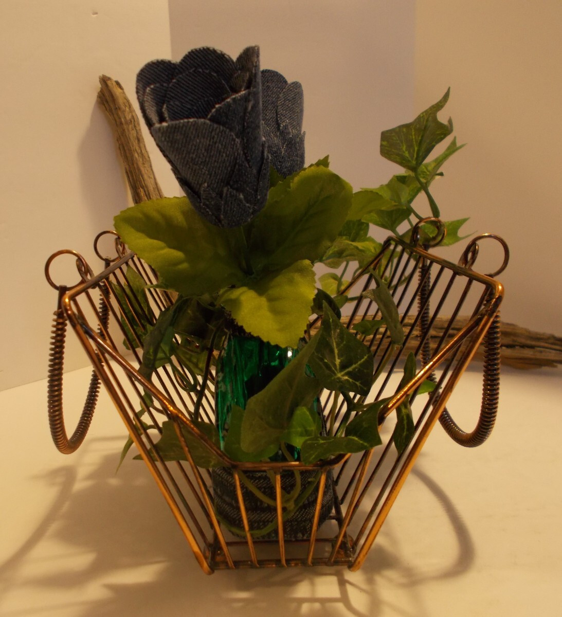 3 Denim Roses in Distressed Copper Metal Pocket or Purse Cottage Core Home Decor