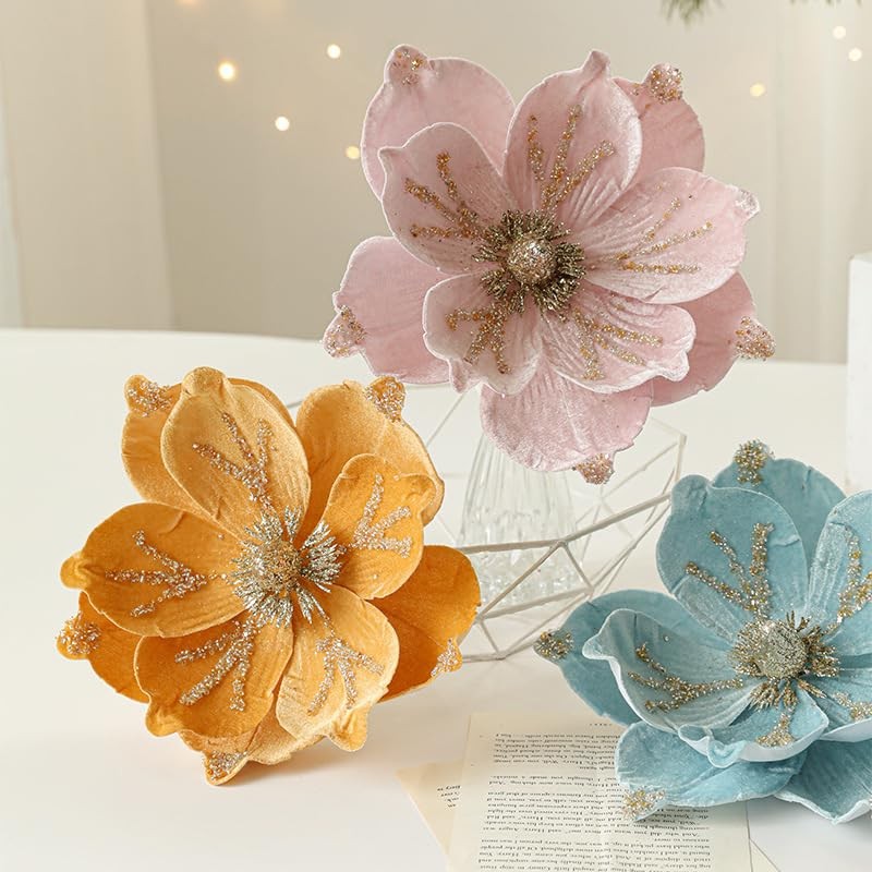 6 PCS Blue Christmas Glitter Magnolia Artificial Velvet Flowers Tree Wreath