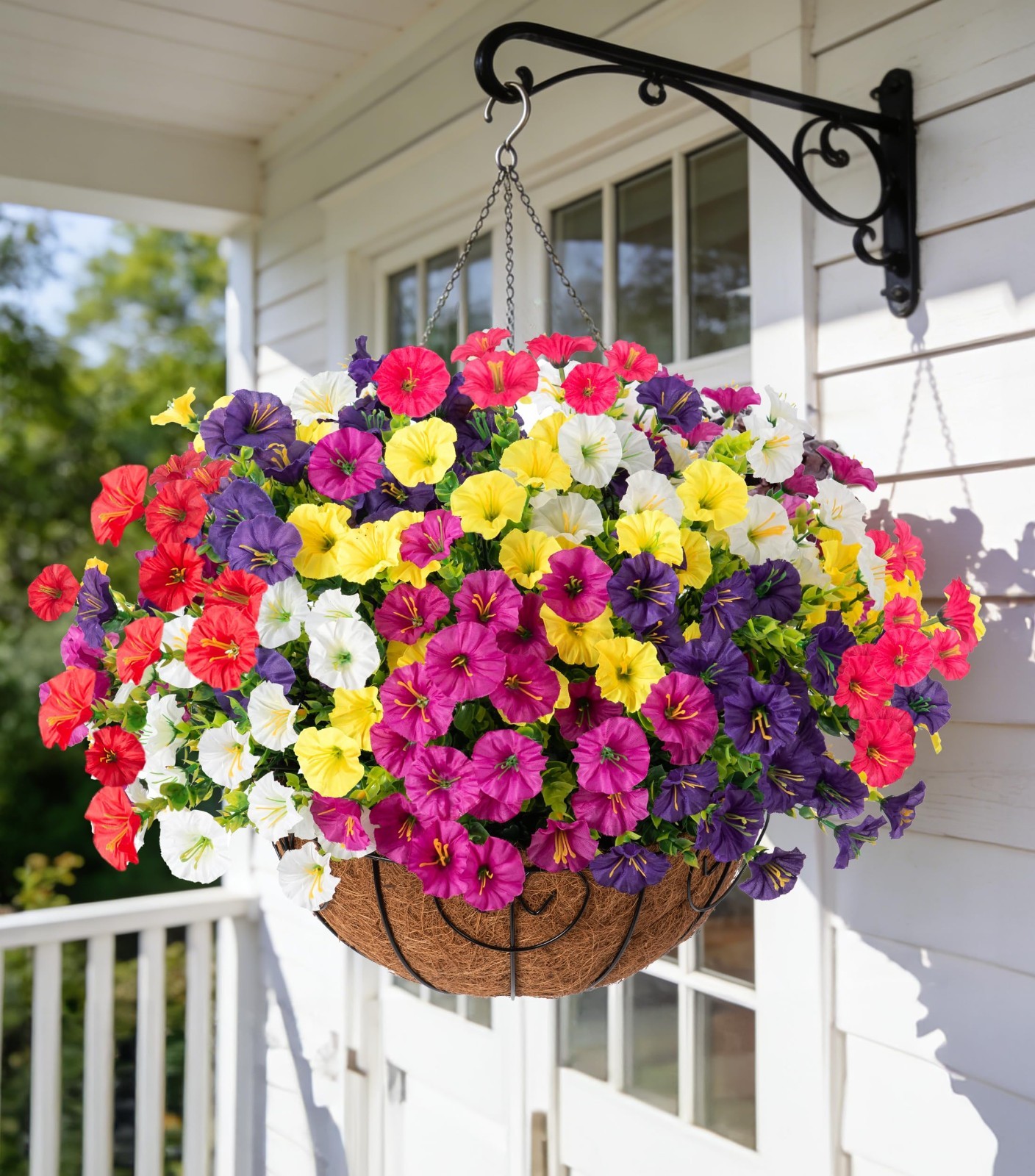 Faux Hanging Flowers Basket – UV Resistant Silk Morning Glory & Eucalyptus for I