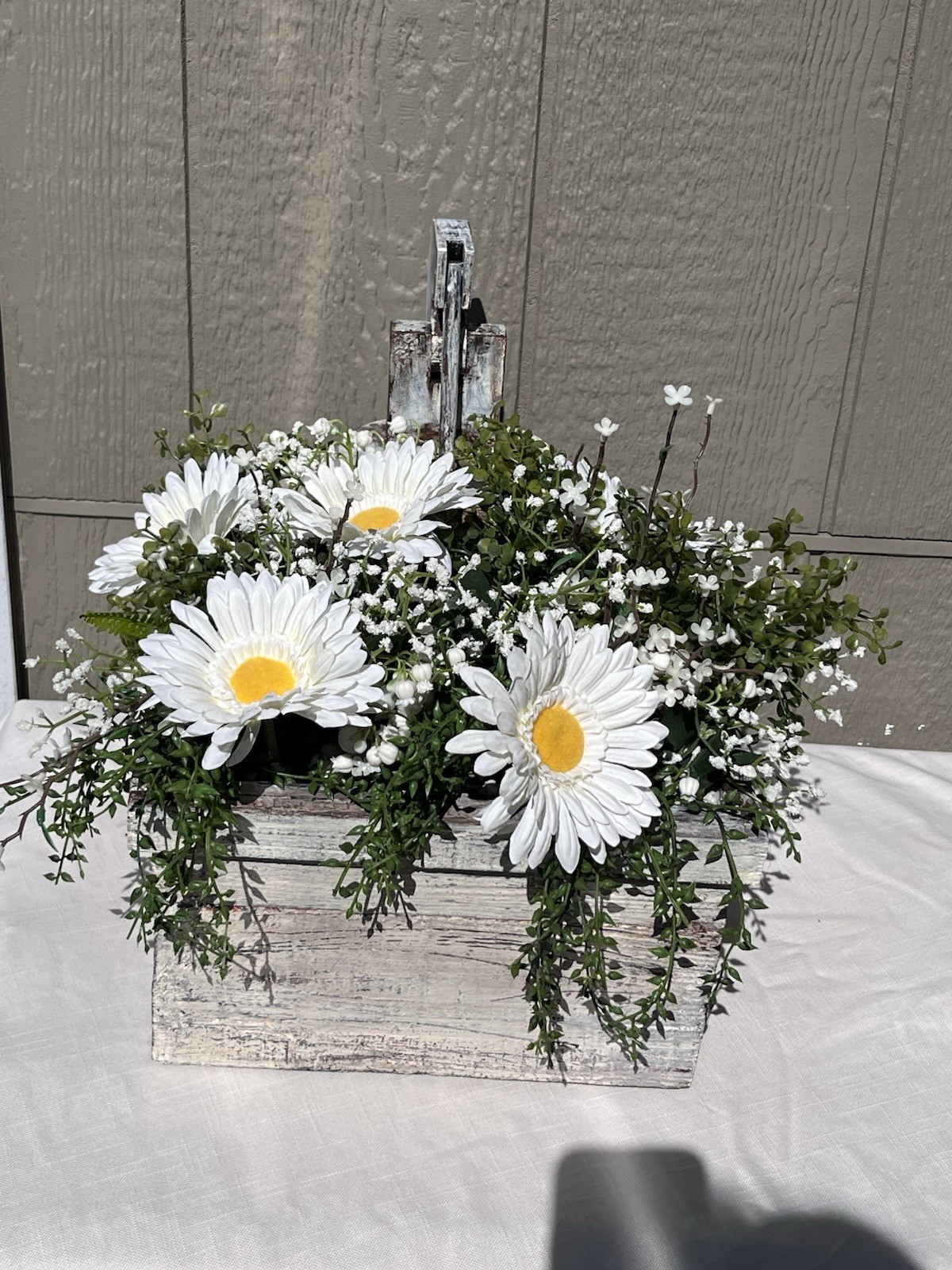 Rustic Wood Water Pump Planter Box w/ Artificial Greenery Daisy Farmhouse Decor