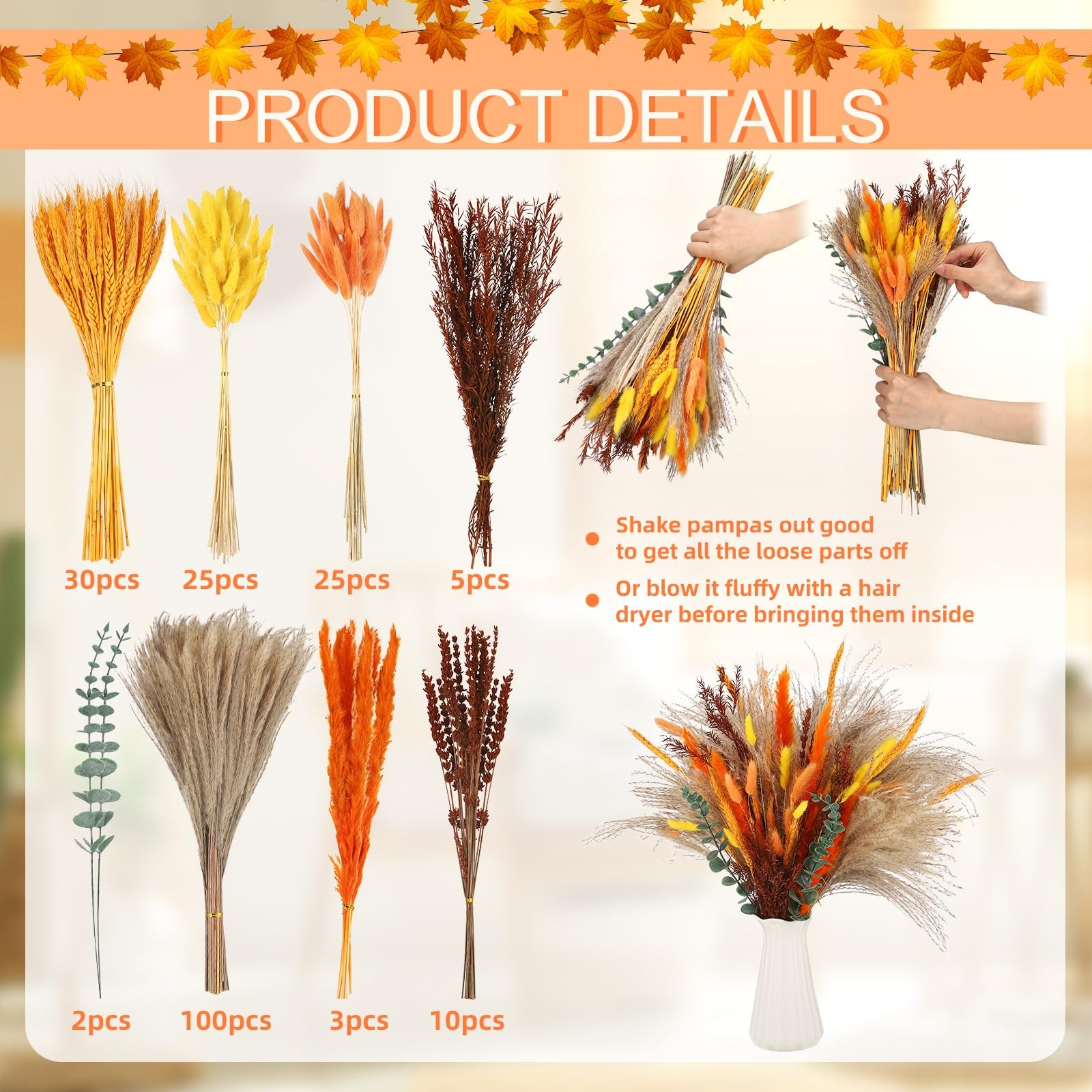 200 Pcs Fall Mix Dried Flower Decor Pampas Bouquet Autumn Orange Table Center…