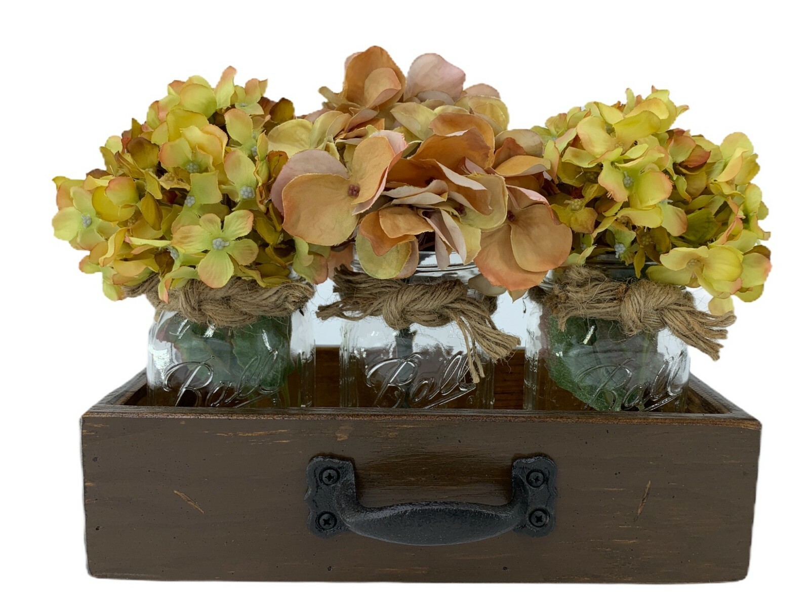 Centerpiece with 3 Mason Jars + 3 Flowers + Handmade Wood Drawer BROWN