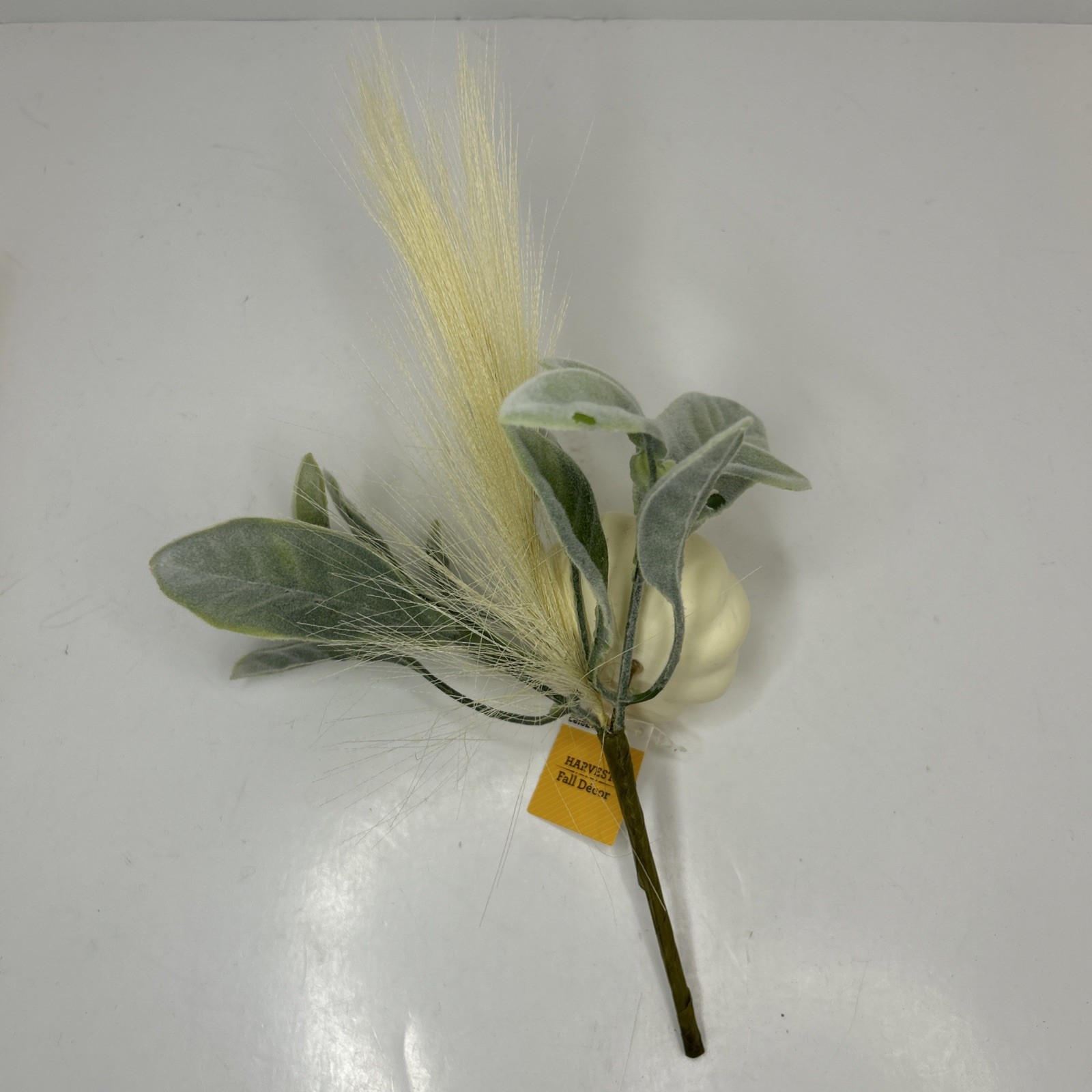 10 Artificial Fall Pumpkin Floral Pick W/Faux Lambs Ear & Feather Grass
